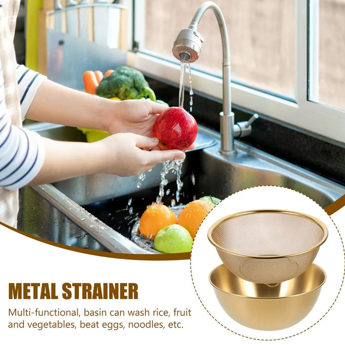 Colador Escurridor de Arroz y Verduras 2 Piezas Acero Inoxidable 24 Cm Color Dorado Multifuncional para Lavar Frutas Utensilios de Cocina Hogar