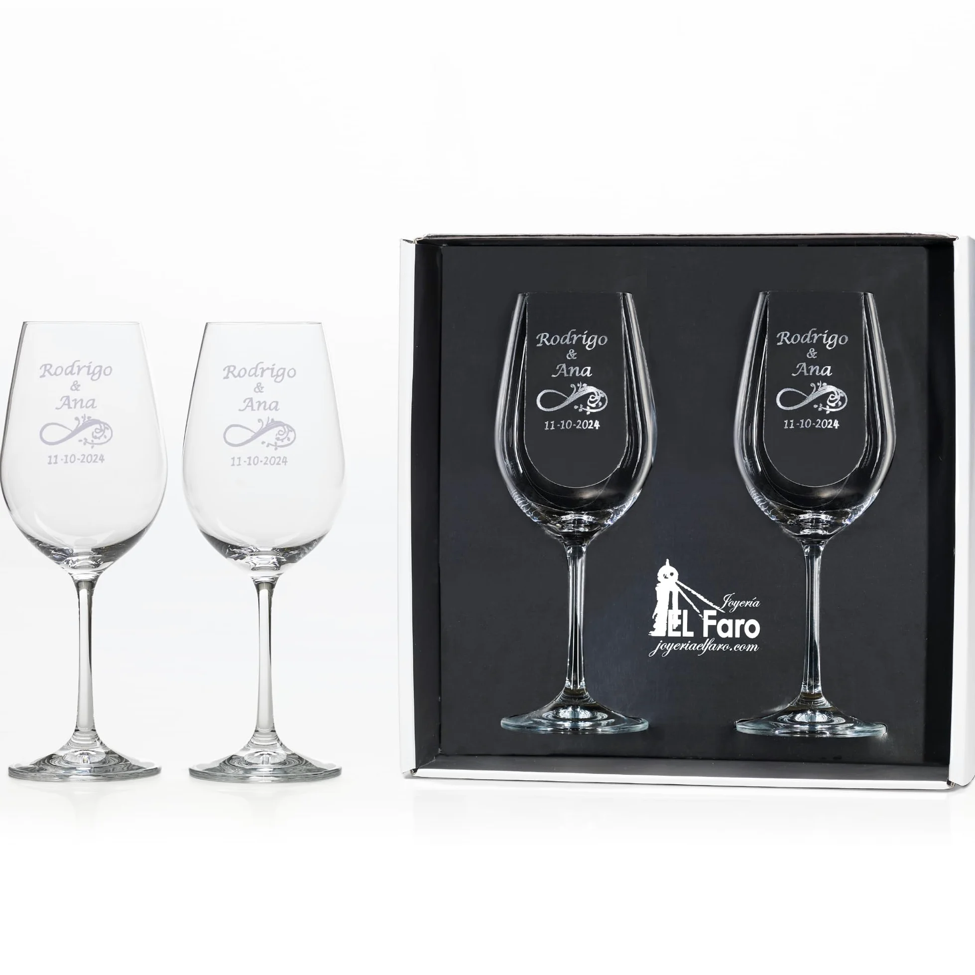 JOYERIA EL FARO | Copas de vino personalizadas | Estuche premium incluido | Brinda y celebra el amor (Infinito)