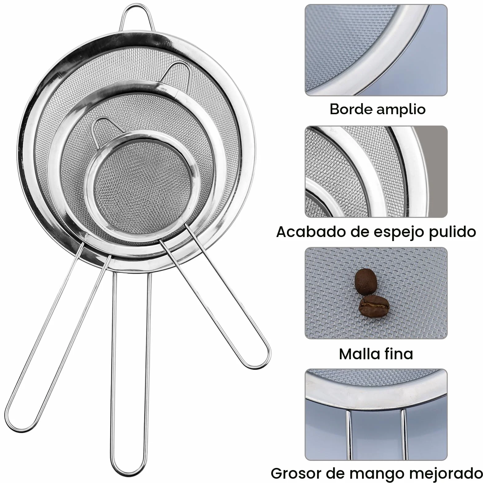 3 Piezas Coladores de Cocina Acero Inoxidable, Colador de Malla Fina con Manija, Tamiz de Harina para Alimentos, Vegetales, Harina y Pasta (8/12/16 cm)