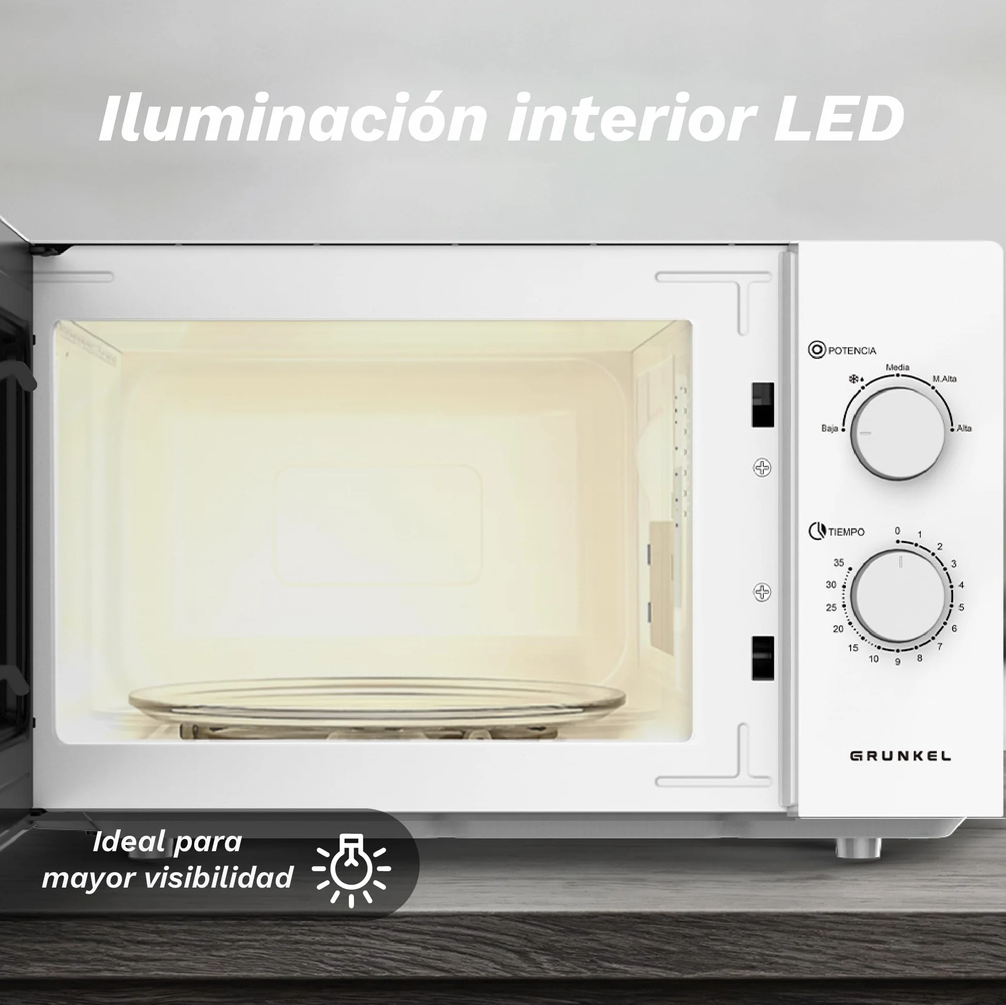 Microondas sin Grill básico de 25 Litros, 850w de potencia Sencillo, temporizador 30min. 5 potencias y descongelación. Fácil de usar