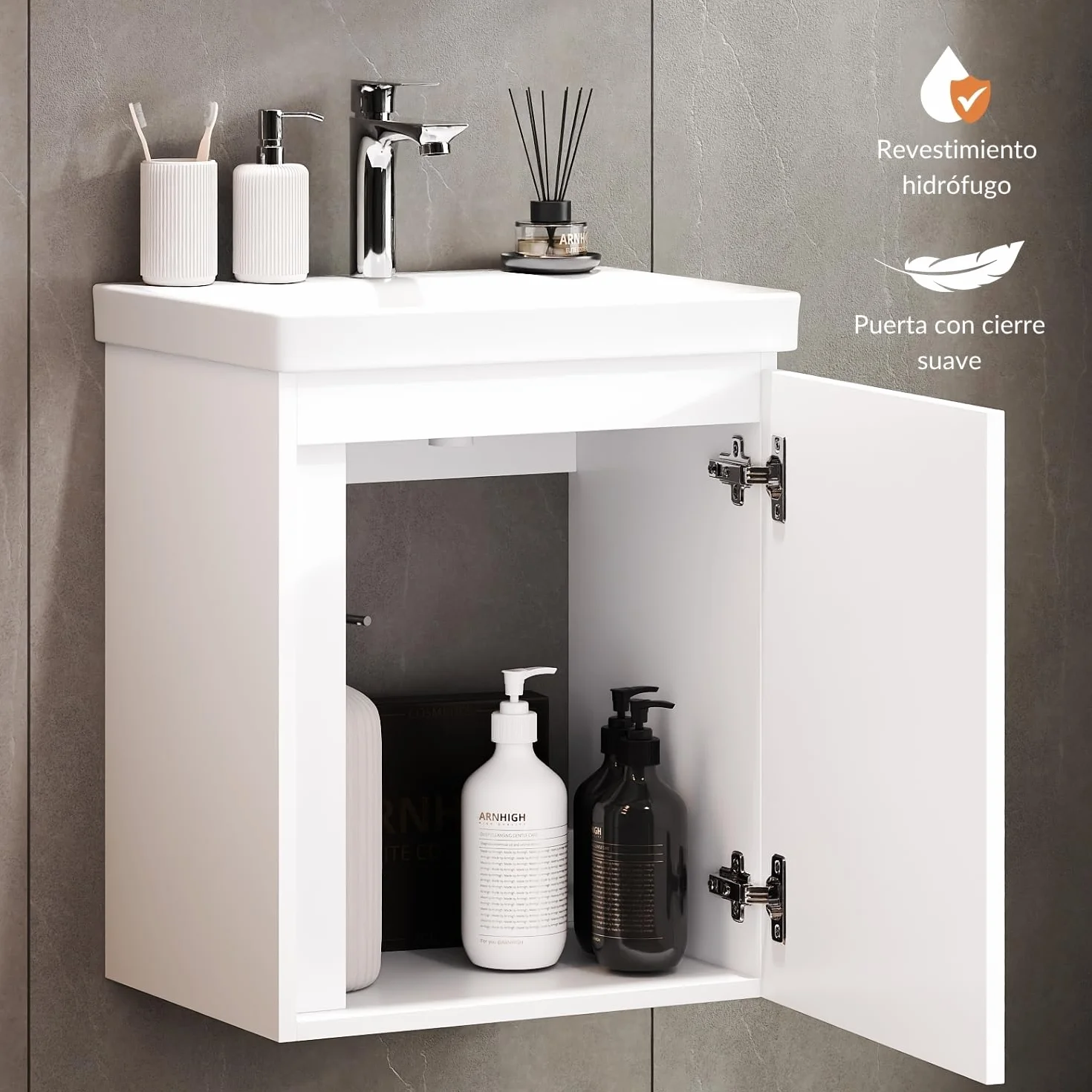 Planetmöbel Lavabo con Mueble 50 cm, Armario bajo Colgante, Cierre amortiguado, Juego de Muebles de baño, Blanco | Armario para lavabo colgante, cierre suave, juego de muebles de baño con lavabo