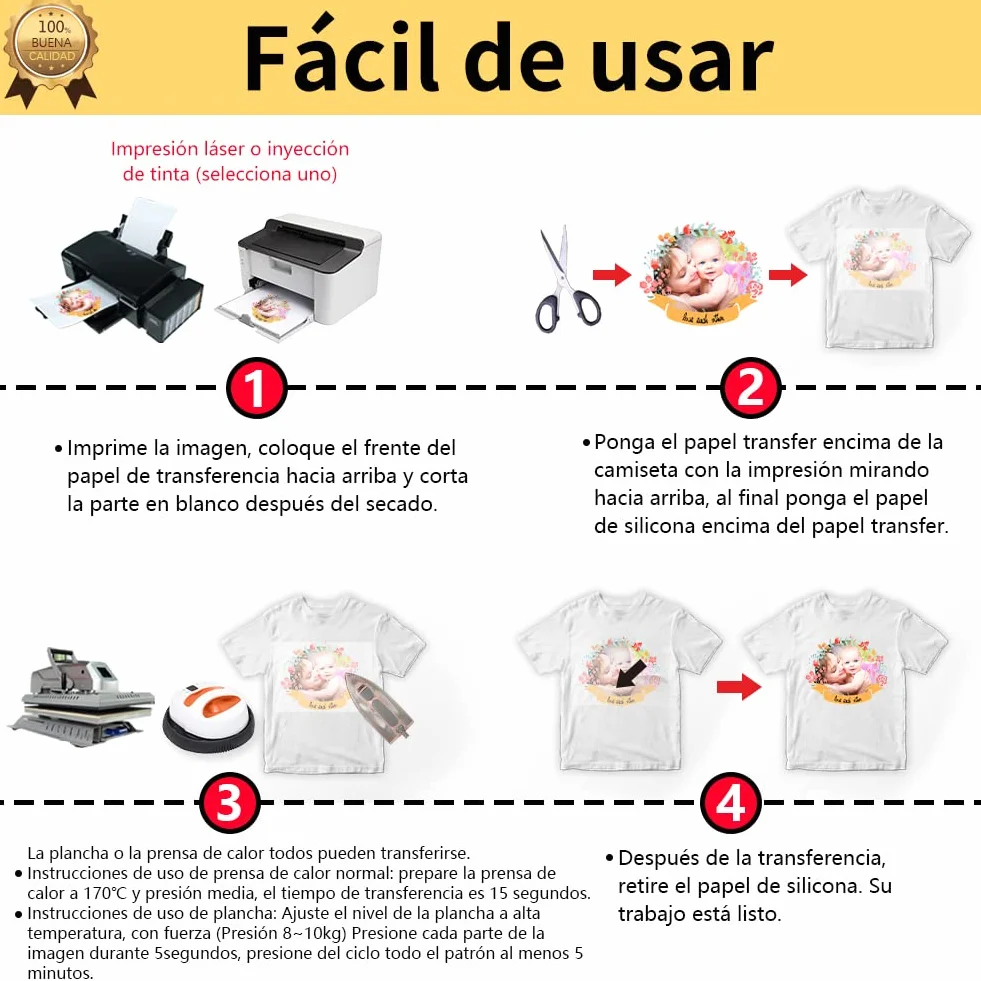 TransOurDream-Papel de Transferencia Para Tejido Claro,Nueva versión mejorada 3.0(A4X10 Hojas),Papel Transfer Apto Tinta o Láser, vinilo HTV,Transfer paper Perfecto para Fiesta.ES-03-10
