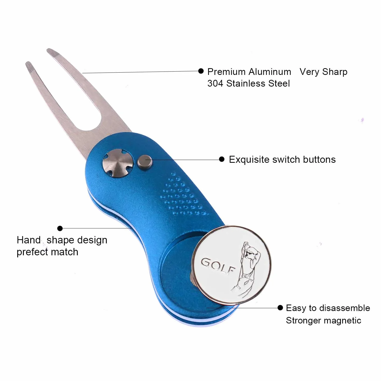 Kofull Herramienta de reparación de Palas de Golf de Acero Inoxidable con botón desplegable, portátil y Plegable, 1 PCS