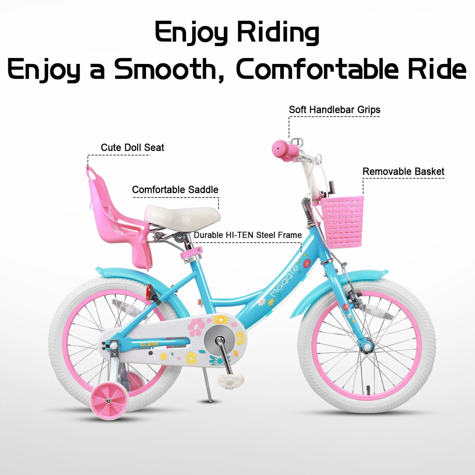 Bicicleta rosa con cesta para niños 12 14 16 pulgadas con campana y ruedas de entrenamiento