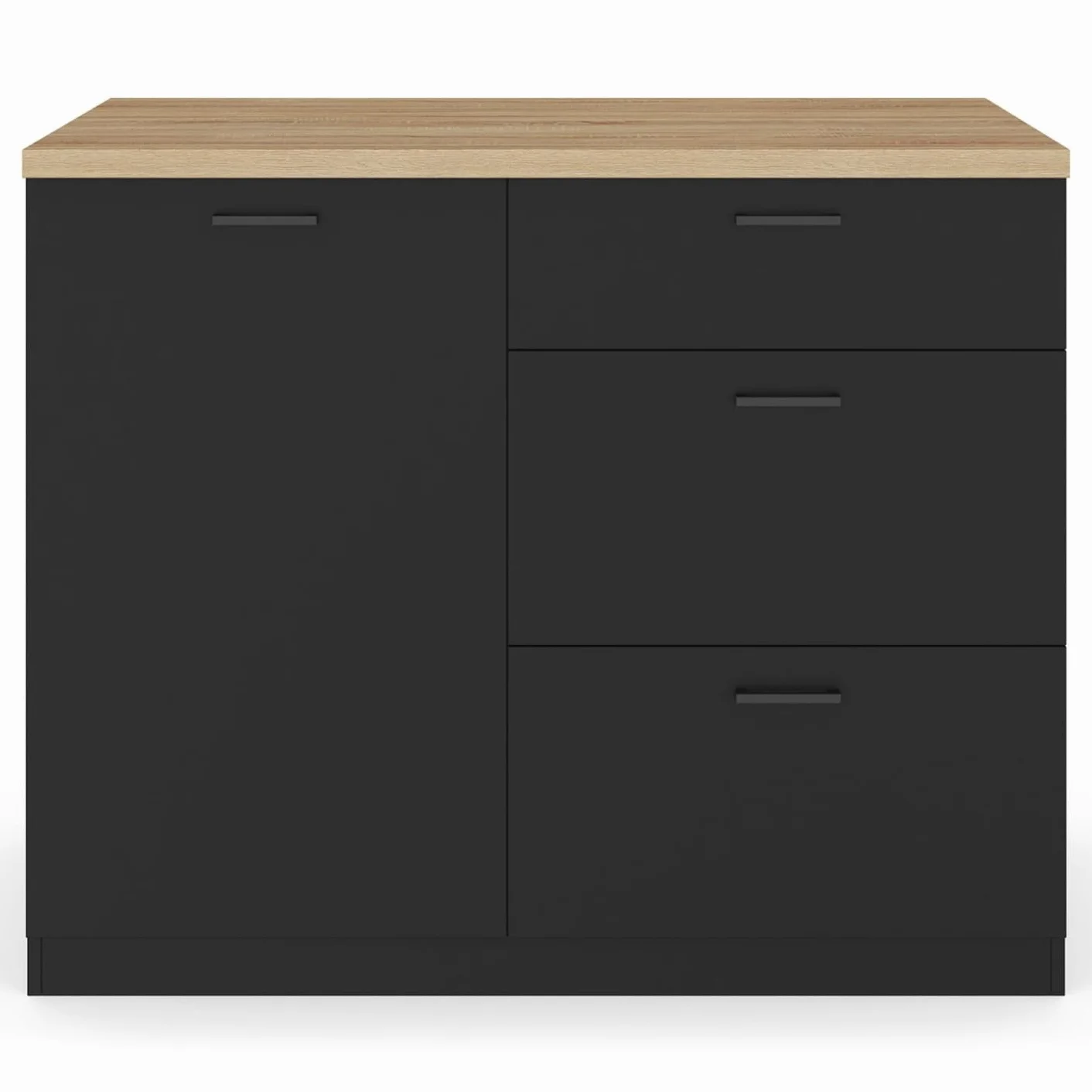 IDMarket - Isla central TIBO 110 cm de extensión frontal con 3 cajones de madera negra con encimera en imitación de madera de haya