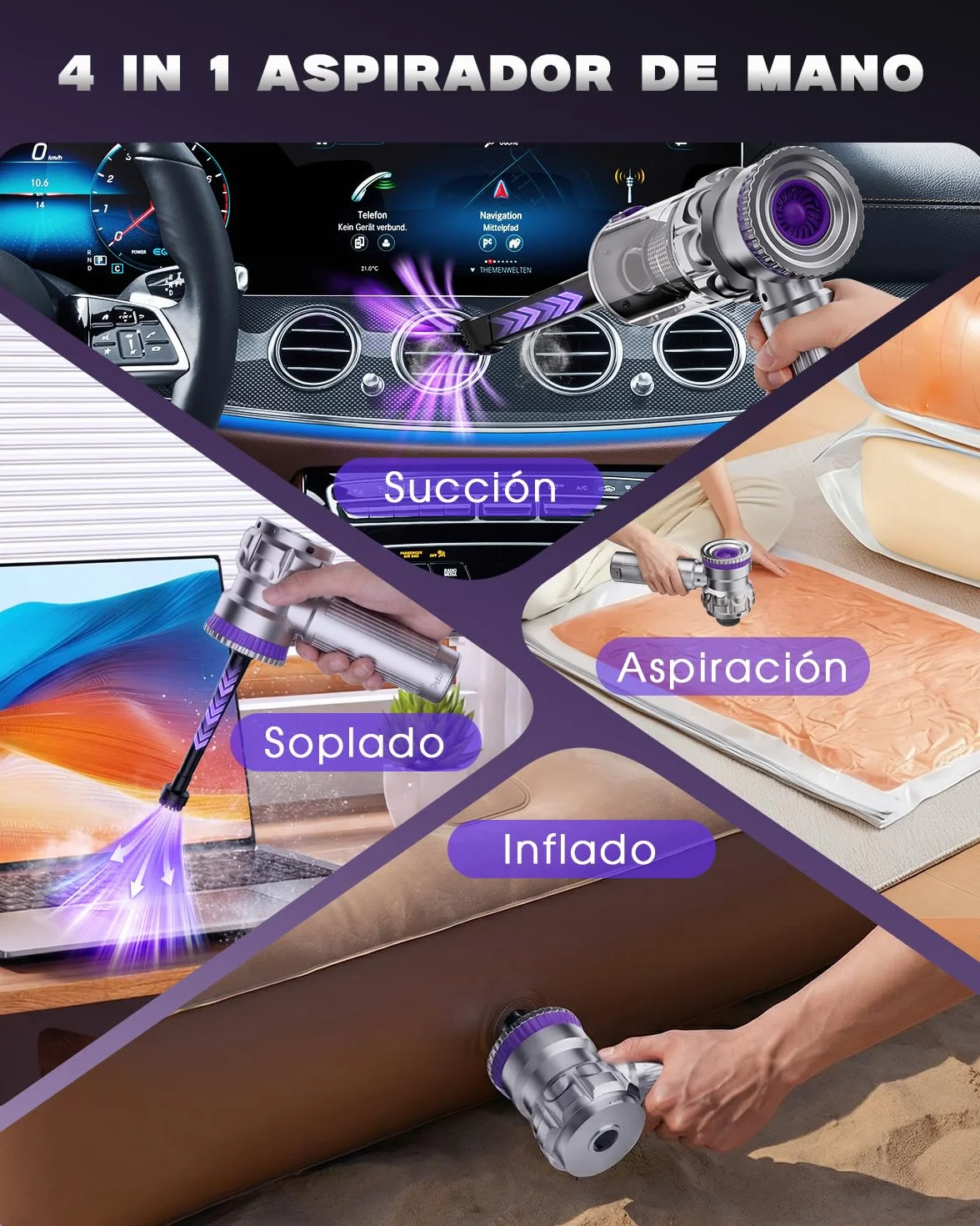 Aspirador de Mano, 28000PA Aspiradora sin Cable con Taza Grande Colector de Polvo, 4 en 1 Aspirador Coche con Motor Sin Escobillas, 3 Niveles Mini Aspiradora para Coche, Pelo de Mascotas, Hogar