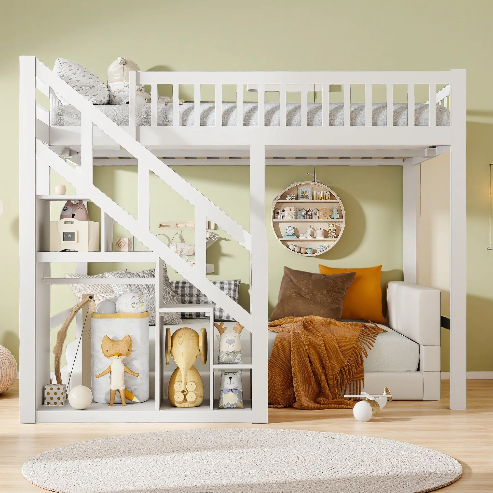 Cama Alta 140x200 cm para Niños y Adolescentes, Cama Elevada de Madera de Pino con Escalera de Almacenamiento y Barandilla de Seguridad, Estructura Juvenil Ahorro de Espacio, Blanco