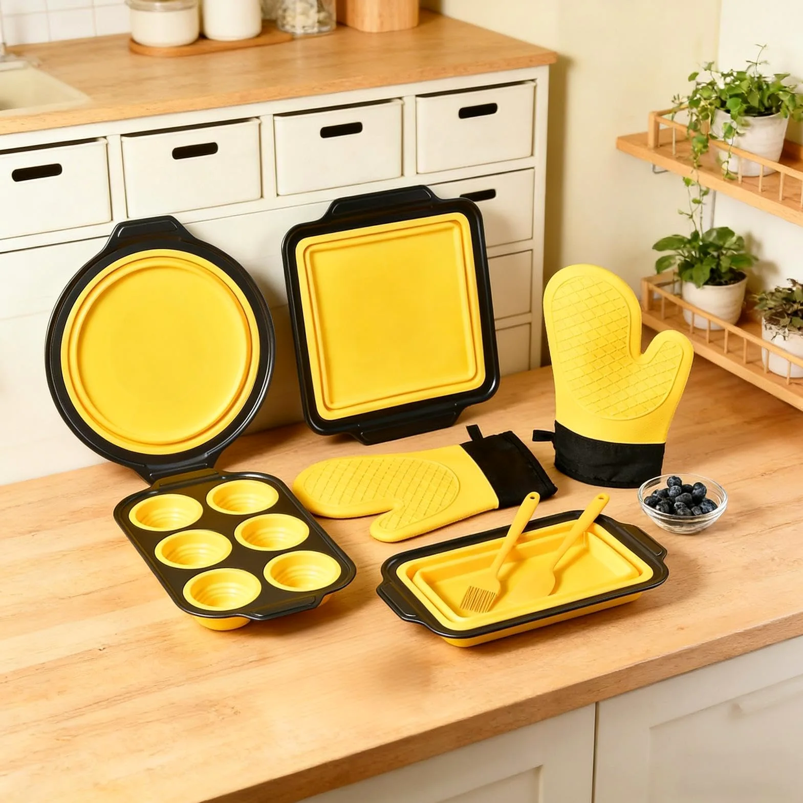 Juego de Moldes de Silicona para Hornear Vajilla Flexible para Hornear | con Guante, Rasqueta y Cepillo Set Apilable Para pan, galletas, huevos, horno, tostadora