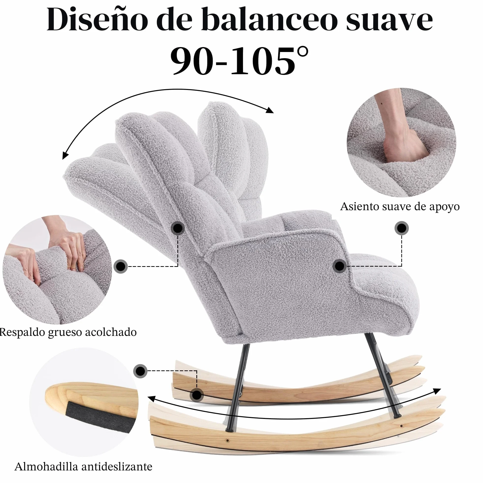Silla Mecedora de Lactancia Tapizada Peluche Patines Madera Gris
