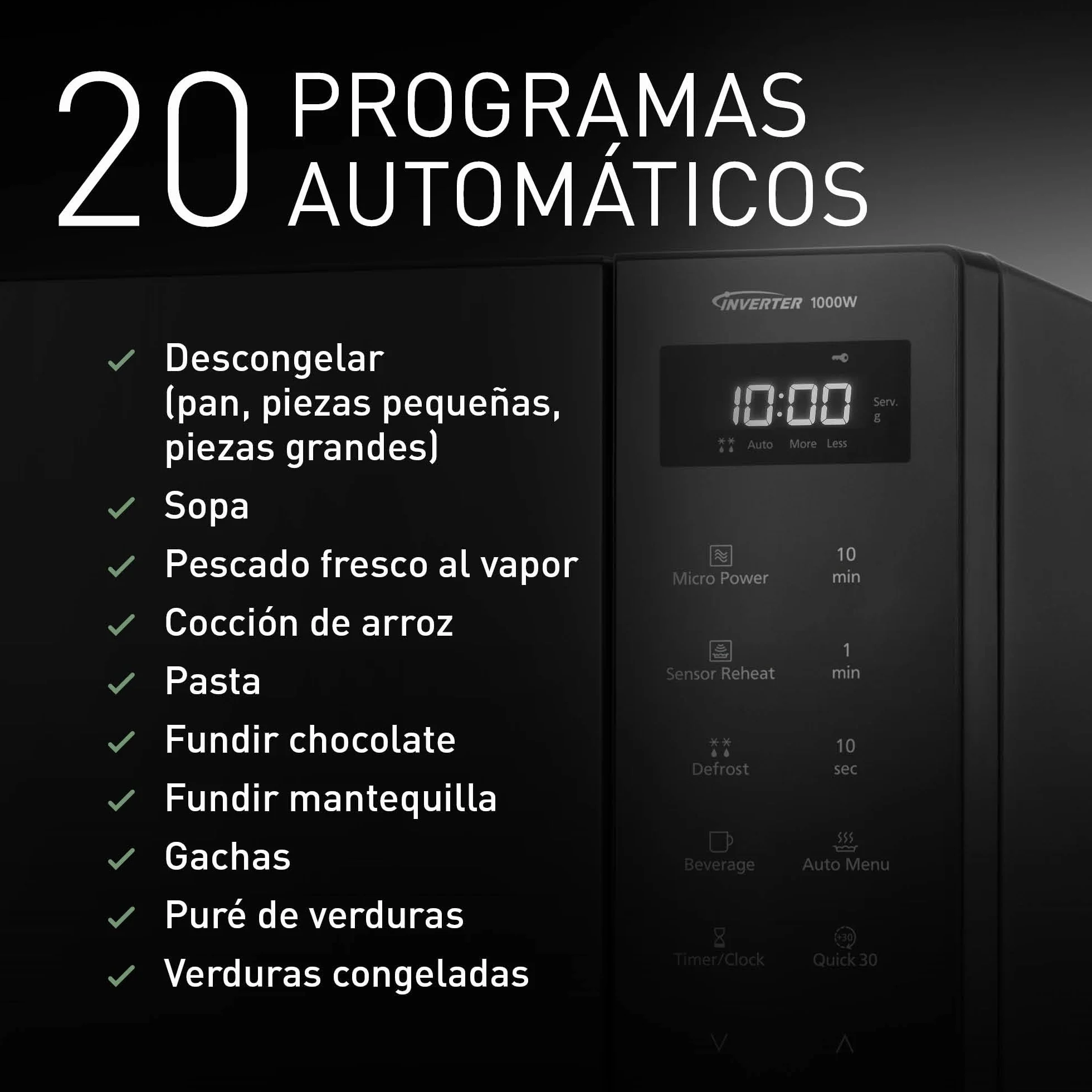 Panasonic NN-ST65QBEPG Microondas Solo Inverter 32L, 1000 Vatios Potencia, Tecnología Genius Sensor, 20 Programas Auto, Función Quick 30, Control Táctil, Plato Giratorio Grande, Negro