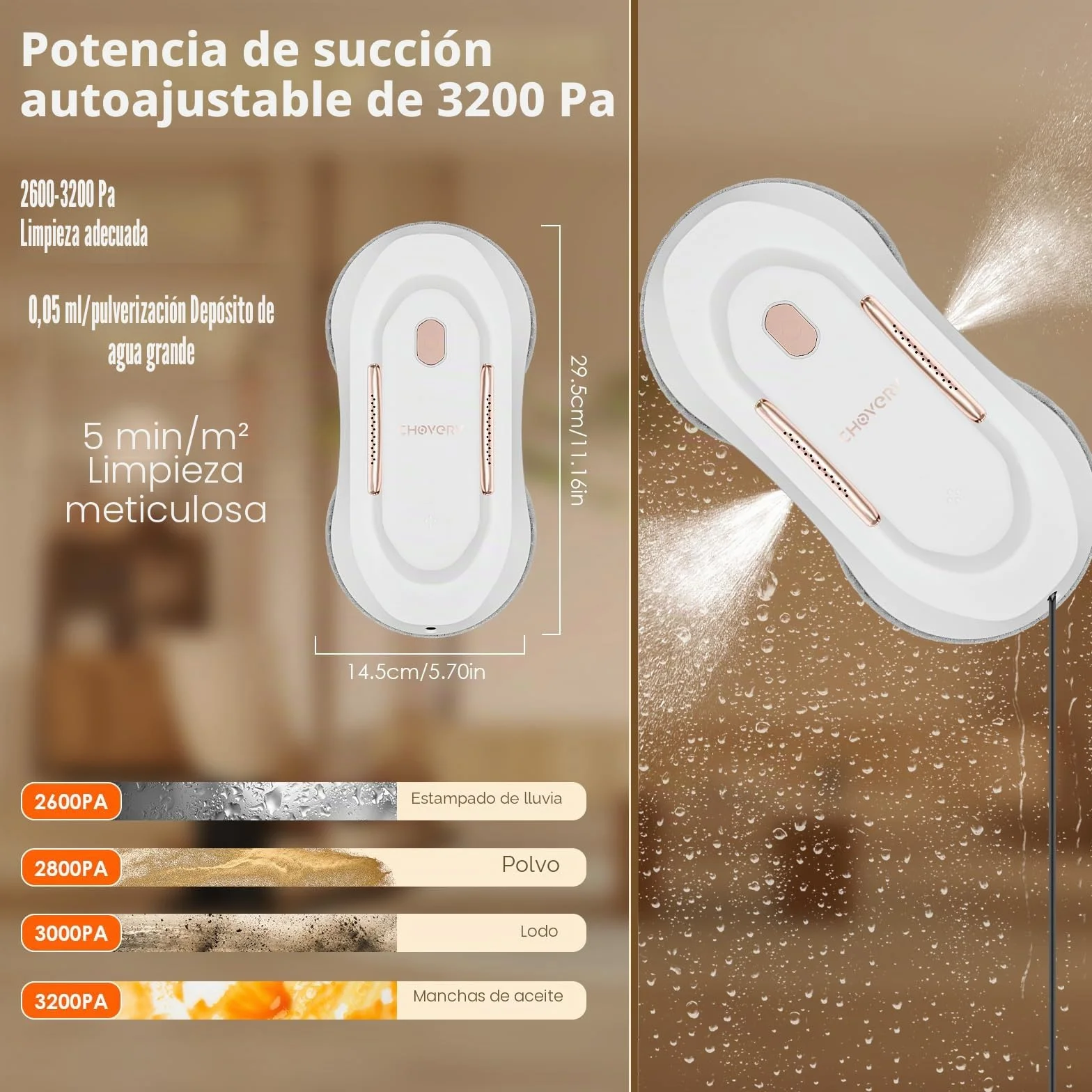 CHOVERY Robot de limpieza de ventanas automático con doble spray de agua CL3, limpiador de ventanas, robot limpiador de ventanas, robot de limpieza de vidrio, eléctrico de 3000 Pa Sunction Power