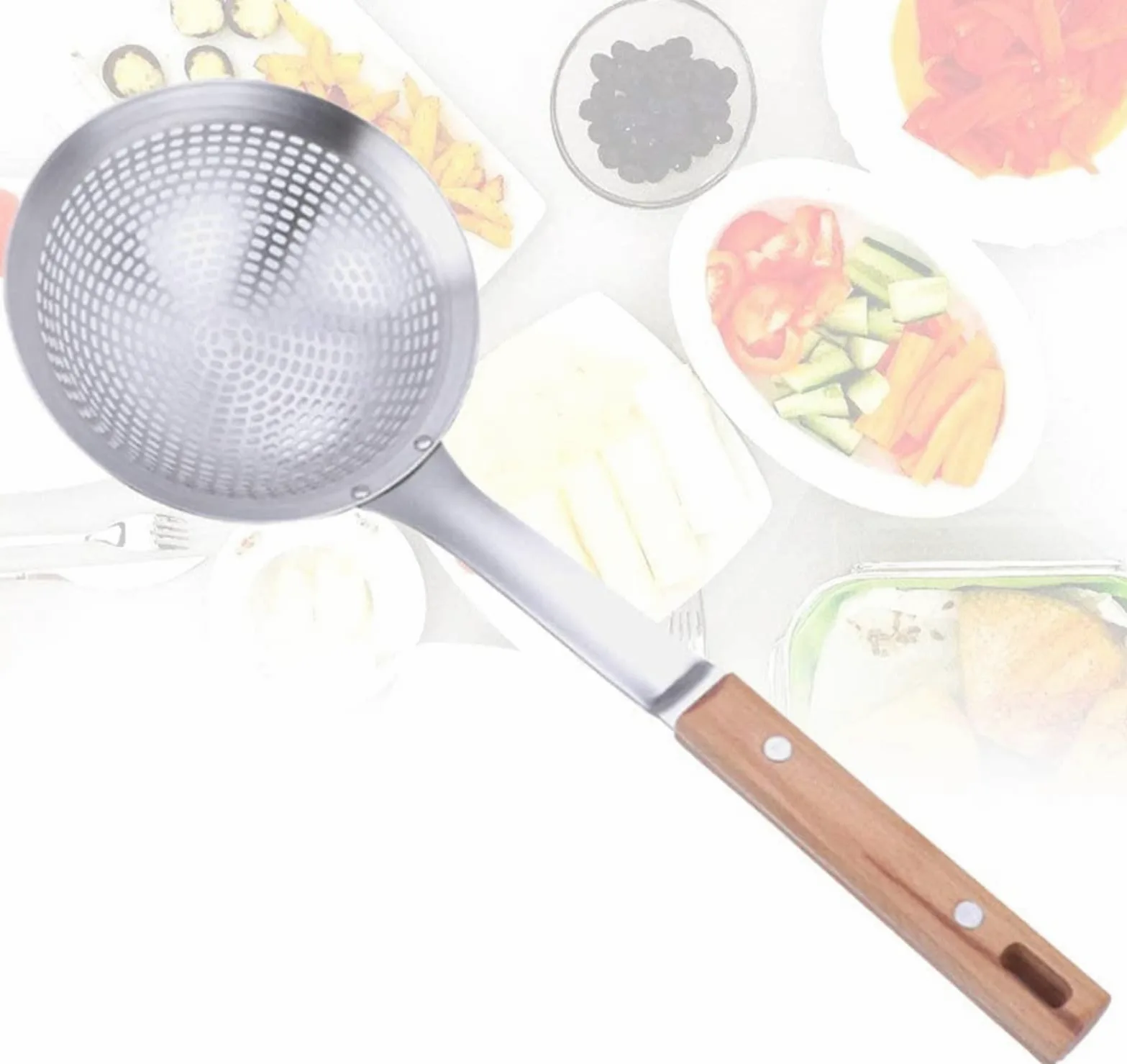 Colador colador tamices para cocinar utensilios de cocina, colador mango de madera colador acero inoxidable olla caliente drenaje cuchara fideos cuchara utensilios de cocina para restaurante hogar (
