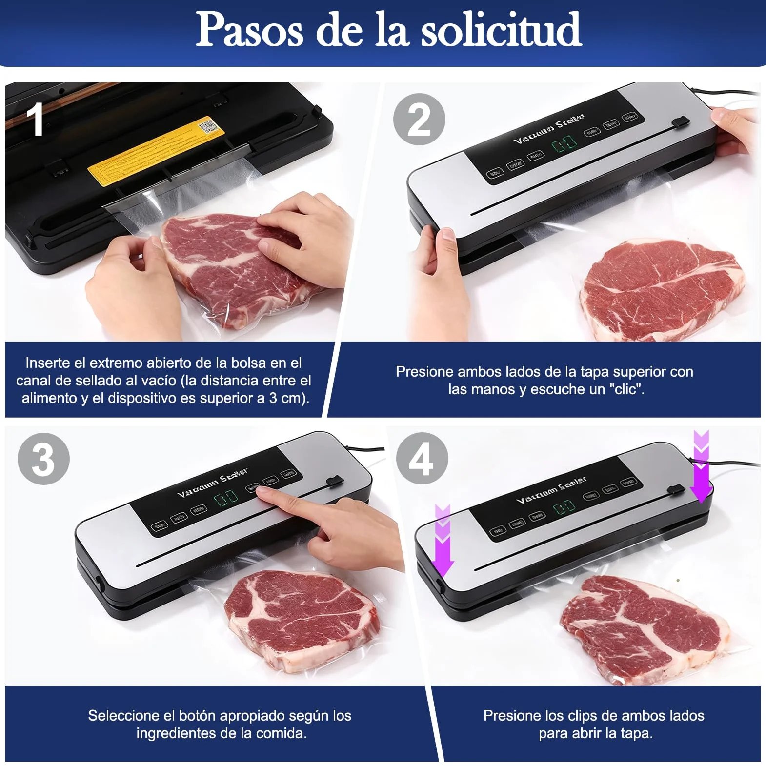 Máquina Selladora al Vacío de Alimentos, con 50 Bolsas de Vacío, Dispositivo de Envasadora al Vacio Multifuncional 5 en 1, con Modo húmedo y Seco Para Almacenar Frutas, Verduras, pan, Carne