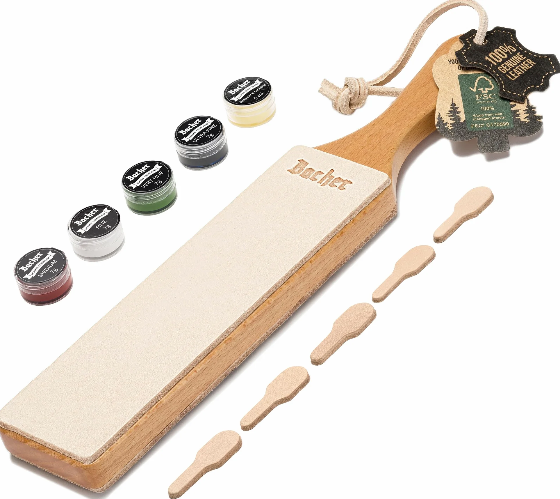 BACHER Premium Asentador de Cuero Strop para Cuchillos Paleta de madera dura cubierta concuero de curtido vegetal de 1/8"de grosor. Incluye un kit de 4 compuestos de afilado.
