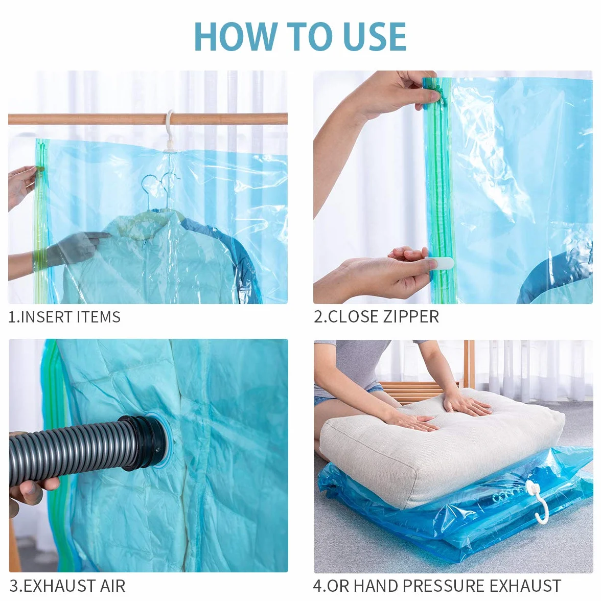 Bolsas de almacenamiento al vacío para ropa 4 piezas (135 x 70 cm) ahorro de espacio bolsas de polvo con gancho para abrigos, chaquetas, vestidos, chaqueta de abajo, traje de negocios, sin plegado