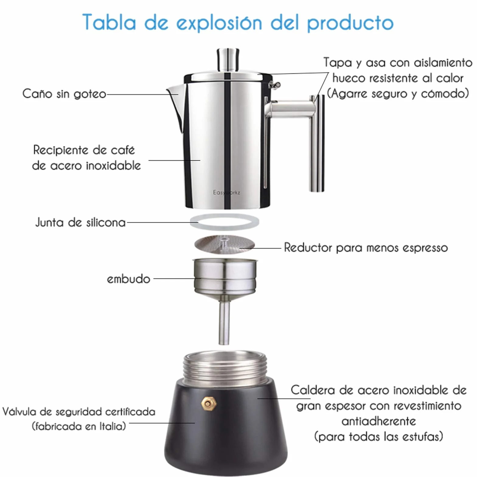 Easyworkz Diego Cafetera Italiana de Acero Inoxidable para Cocina de inducción,520 ml, 10-12 Tazas,Negro