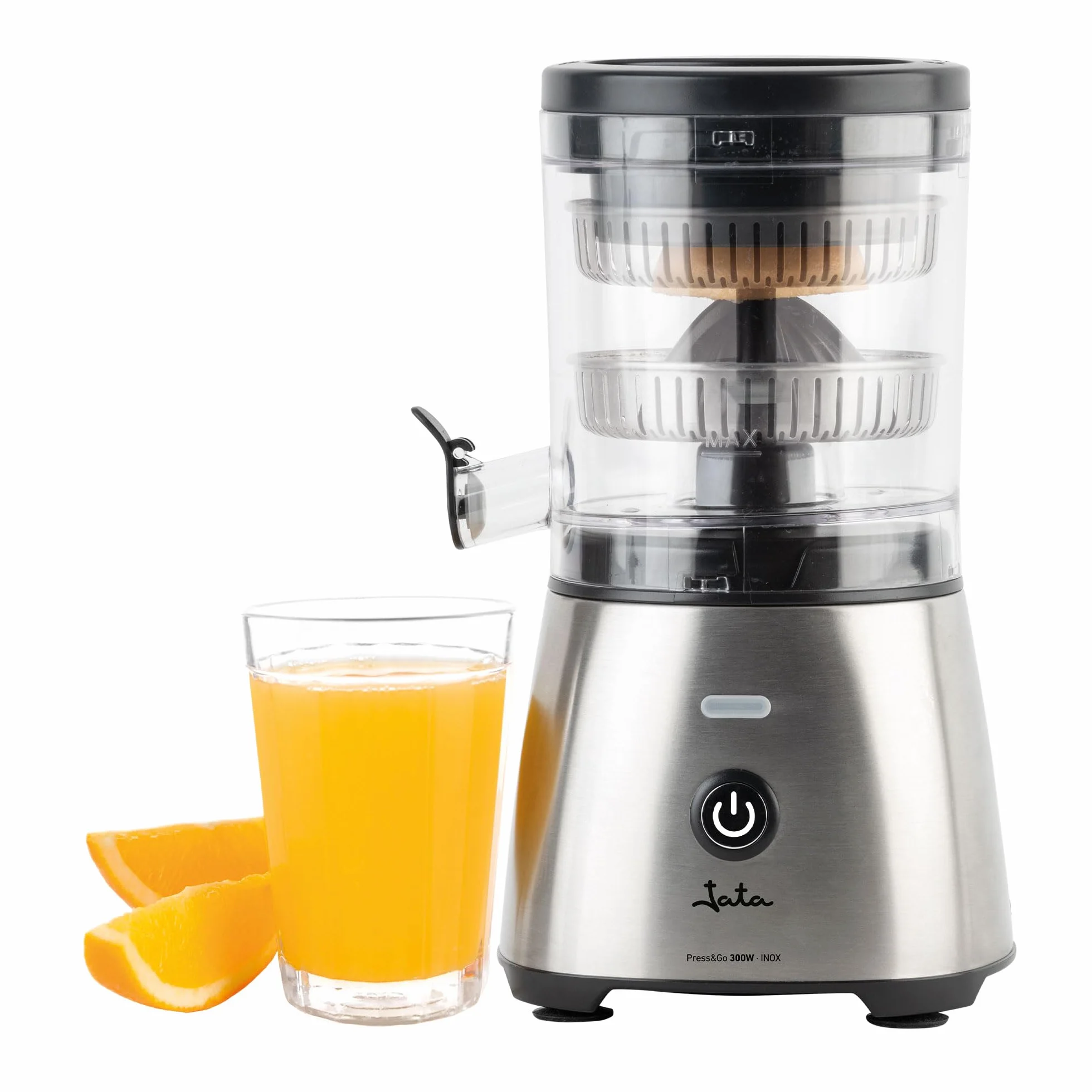 JATA JEEX1616 - Exprimidor de Naranjas Eléctrico Automático 300 W | Cuerpo y filtro de acero inoxidable | Sistema antigoteo | Apto para todo tipo de frutas | Piezas desmontables. Base Antideslizante