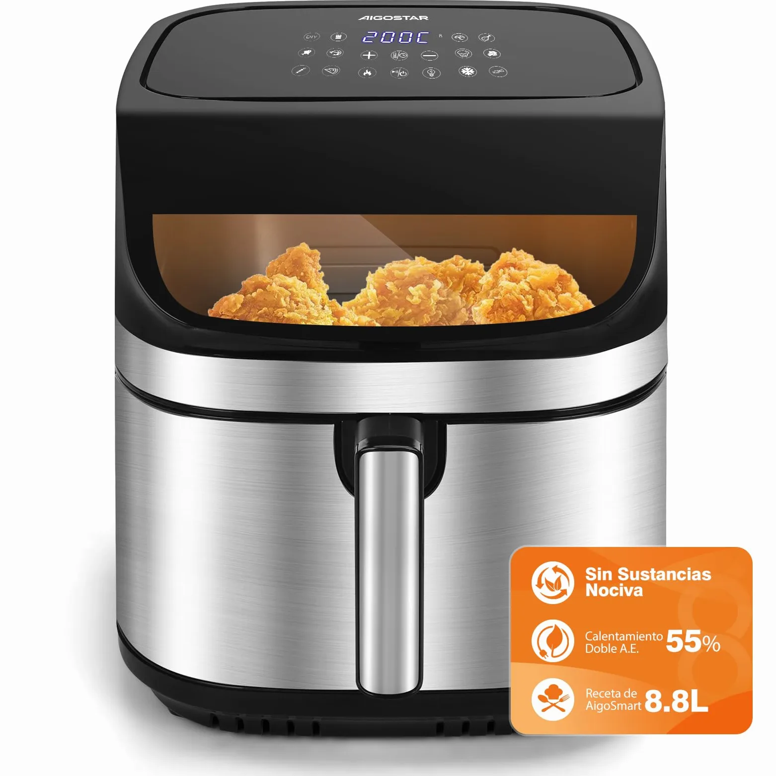 Aigostar Freidora de Aire XXL 8.8L Air Fryer 2200W, Doble Resistencia, 55% Menos Energía, Air Fryer con 13 Programas, Acero Inox Interior, Pantalla Táctil y Ventana, Comunidad Recetas, Negro
