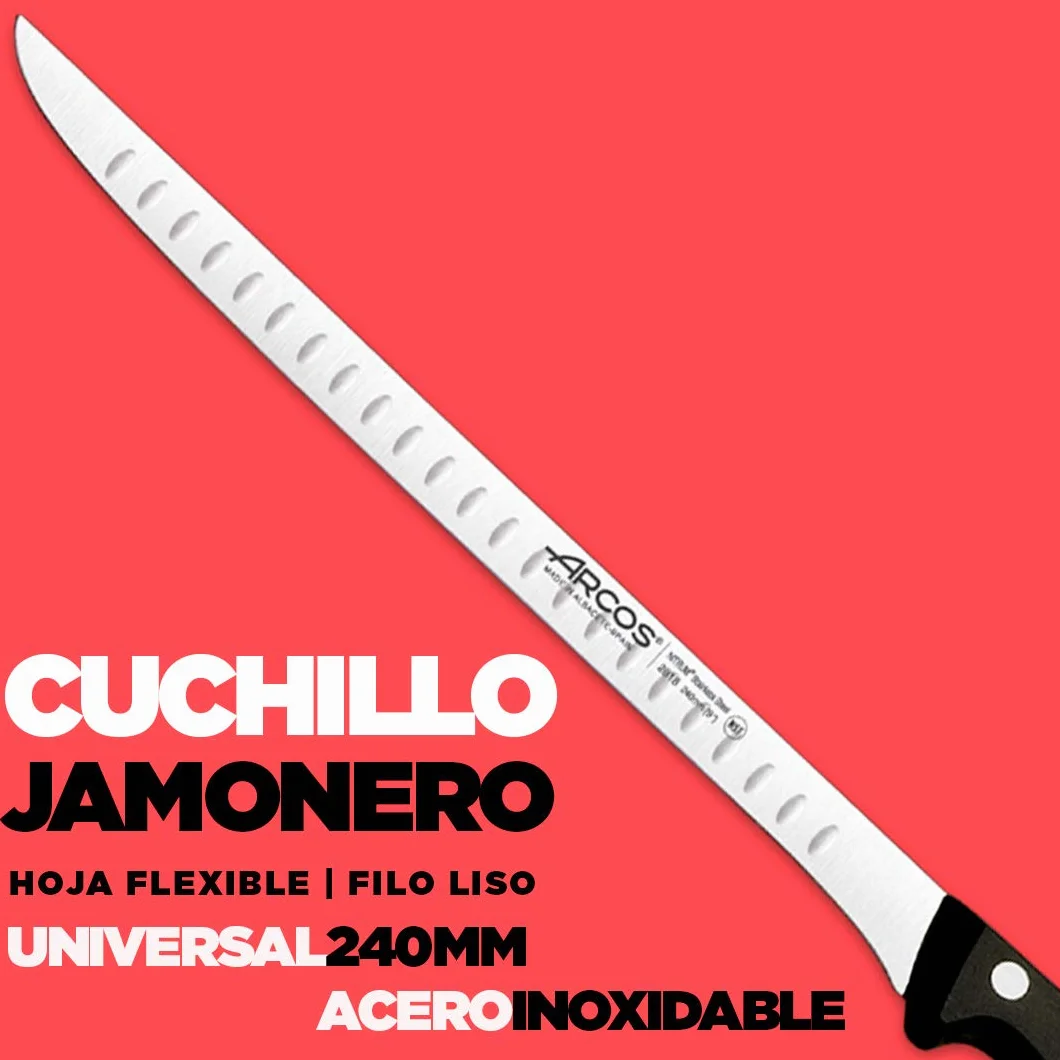 Arcos | Juego Cuchillo Jamonero 3 Pzas | jamonero Acero Inoxidable (240 mm), afilador Chaira y Cubre jamón | Juego Cuchillos jamonero Profesional | Paleta ibérica | Eco