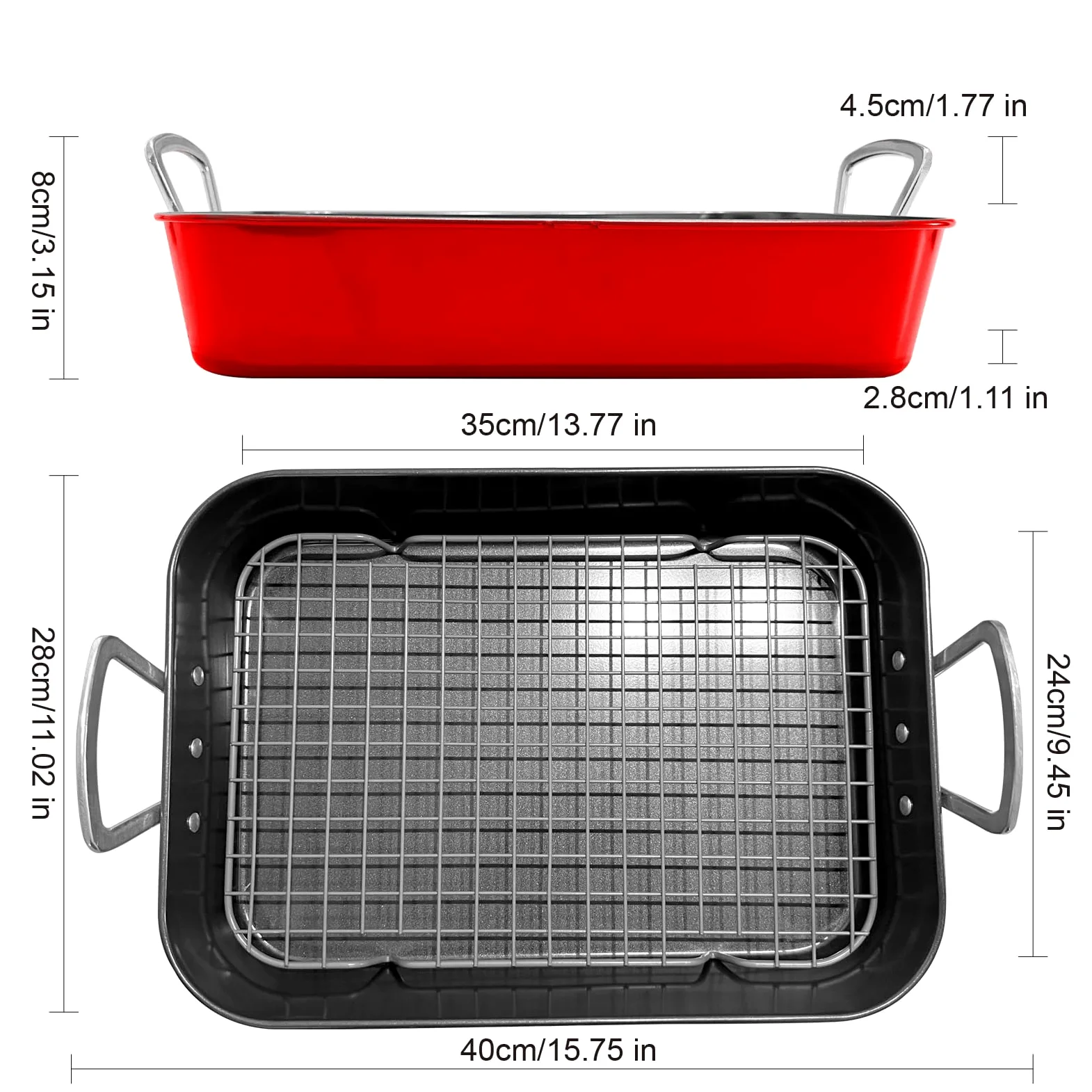 Bandeja De Acero Al Carbono Sartén Rectangular Con Mango Rejilla De Enfriamiento Tema Navidad Para Asar Pavo Pollo Bife Carne Verduras Pasta Etc Roja 44.5cm