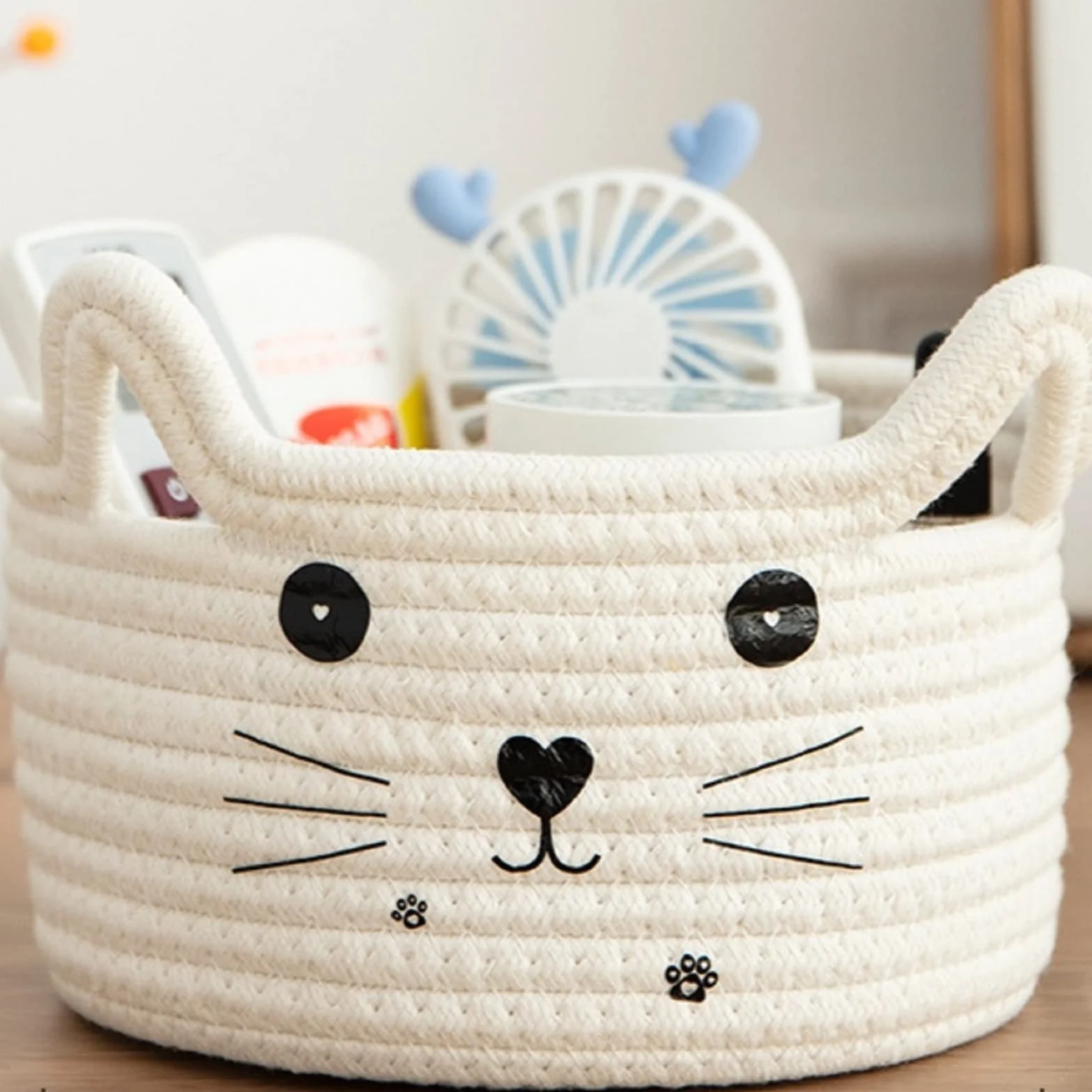 Cesta de Almacenaje de Cuerda Tejida con Orejas de Gato, Algodón, Blanco, 12 x 21 cm