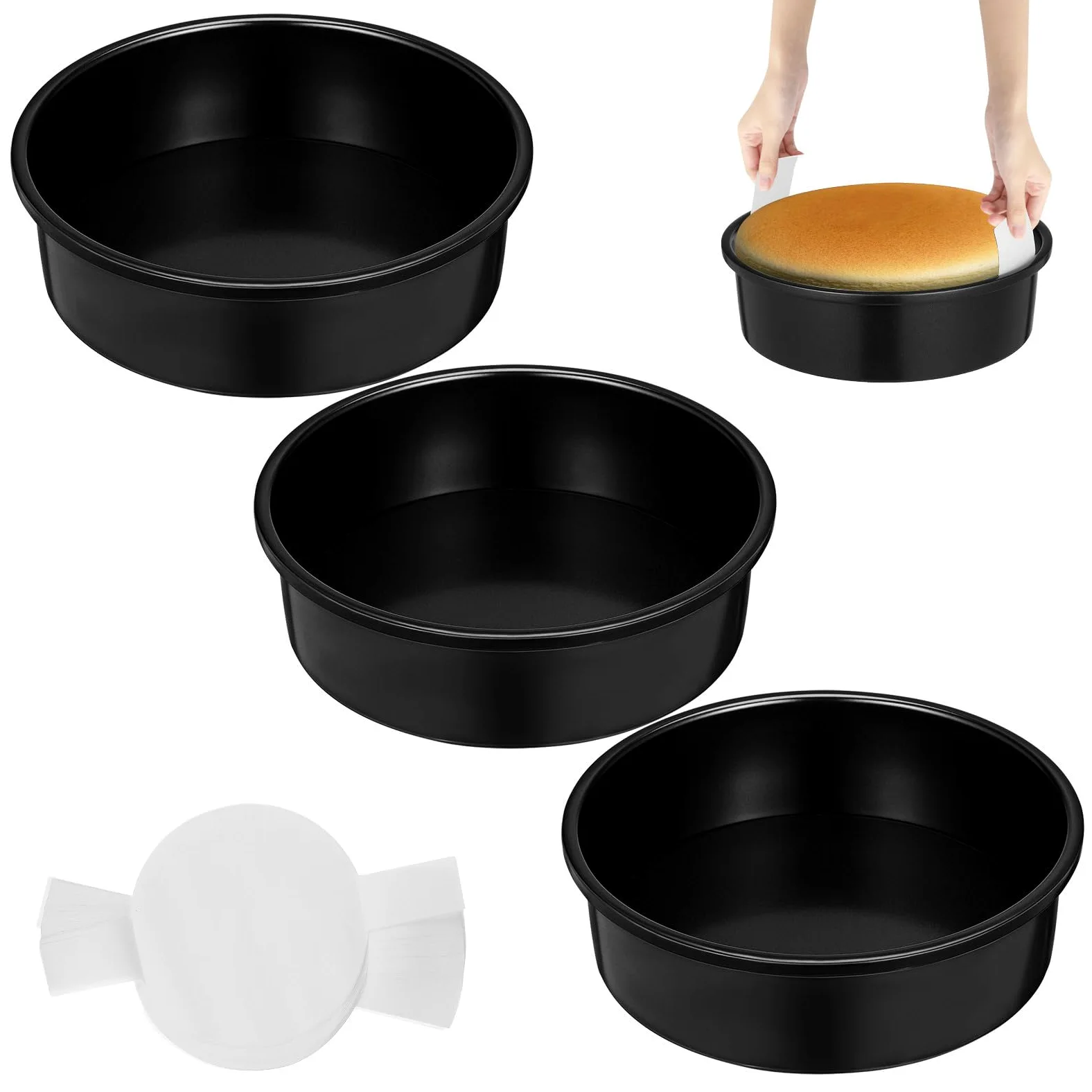 Garneck 3 Piezas Molde Redondo para Pastel, Moldes para Pasteles, 8 Pulgadas, Negro, Acero al Carbono, Antiadherente, con 100 Hojas de Papel de Pergamino, para Bodas y Aniversarios
