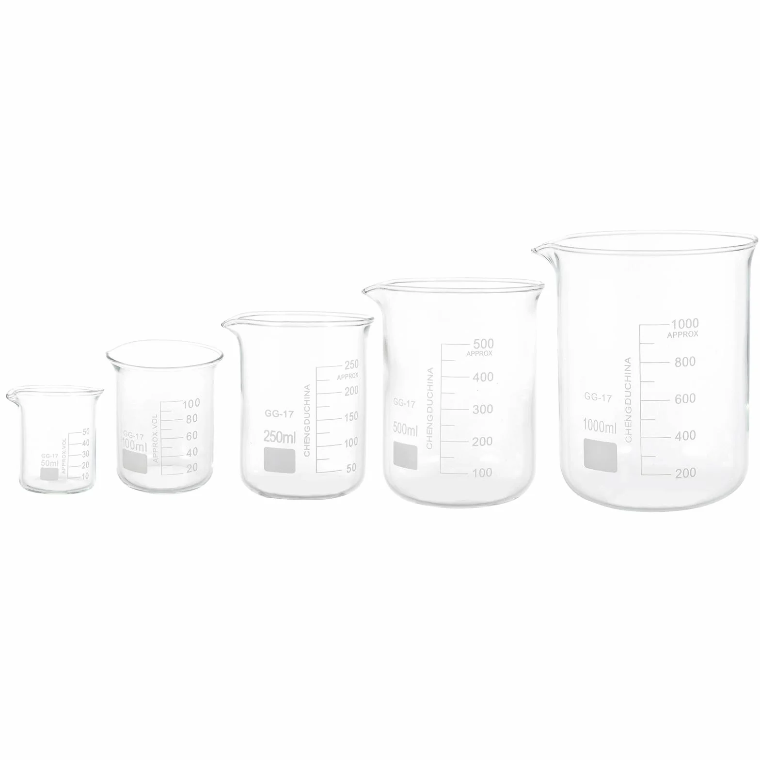 Vasos de Precipitados 5 Piezas de Vidrio Borosilicato Resistentes al Calor (50ml-1000ml) Escala Graduada Transparente y Medición Precisa para Laboratorio