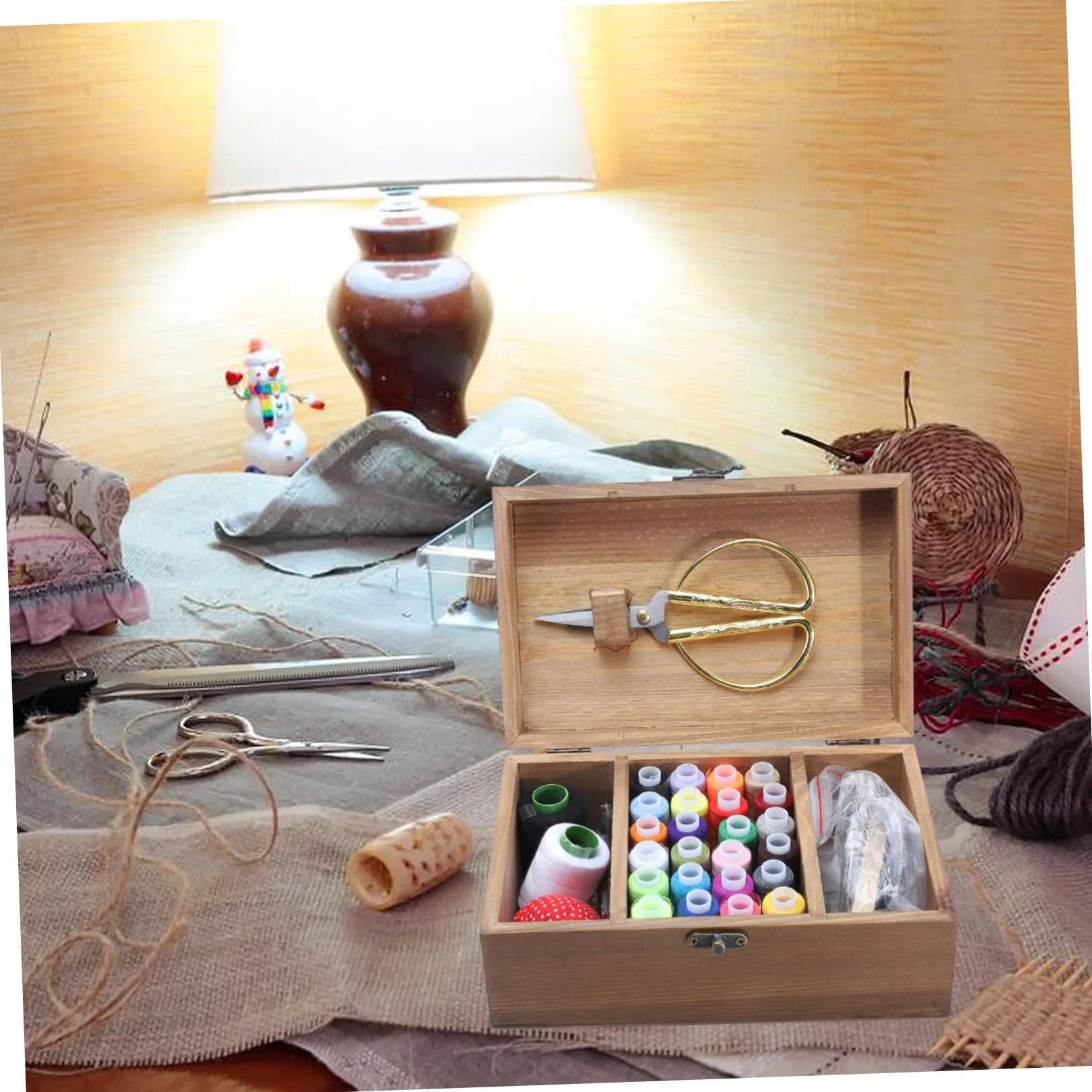 Caja de Madera Retro para Guardar Hilo y Aguja Gran Capacidad, Kit de Costura Hogar Adecuado para Diy, Almacenaje Natural y Ecológico