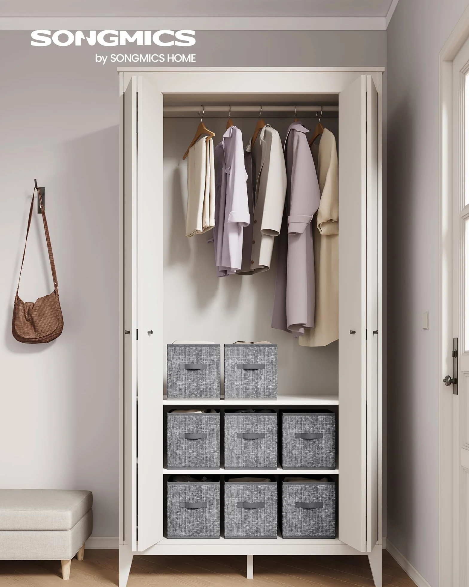 SONGMICS Cajas de Almacenaje, Juego de 8 Cajas de Almacenaje de 28 cm de Tela no Tejida, con Asas Dobles, Organizadores de Cubos, para Estantería, Plegables, para Ropa, Gris Espadaña ROB826G01