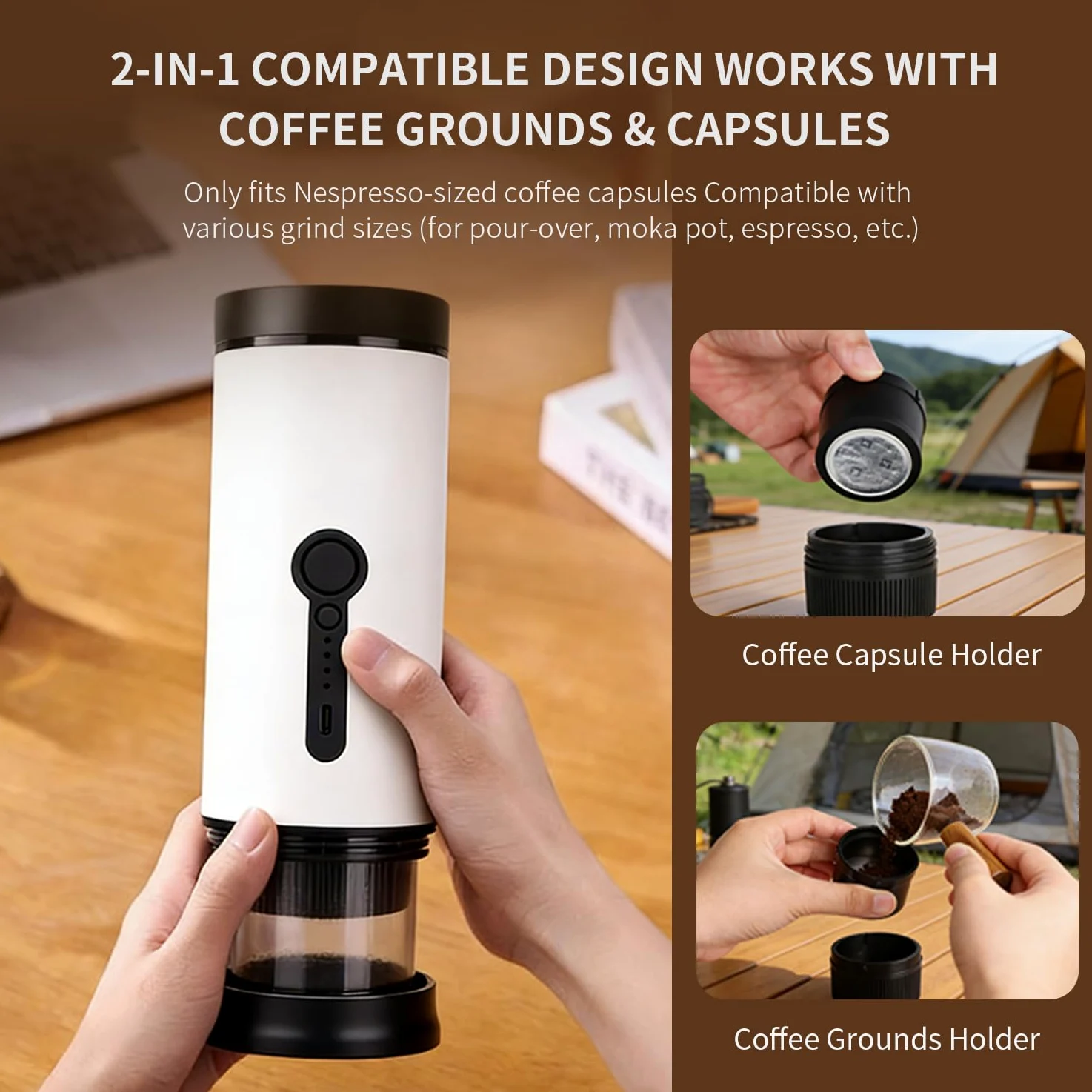 SANMAS Cafetera espresso portátil, cafetera de autocalentamiento recargable por USB-C, para viajes y camping, compatible con café molido y cápsulas, cafetera eléctrica compacta para coche, caravana