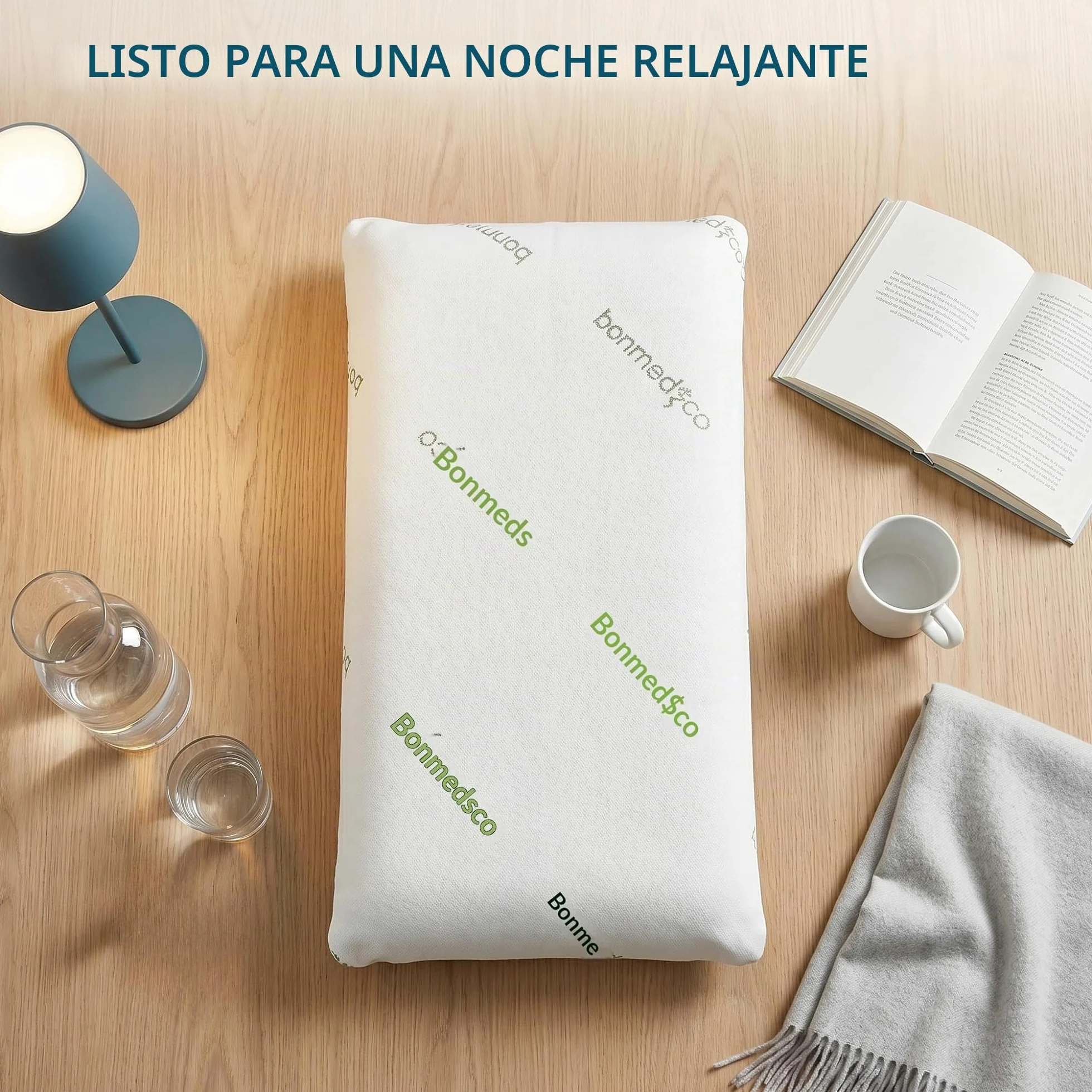 bonmedico Almohada Cervical Viscoelástica Fibra Bambú | Almohada con espuma memoria y funda de bambú lavable. Soporte cómodo para cuello y descanso.