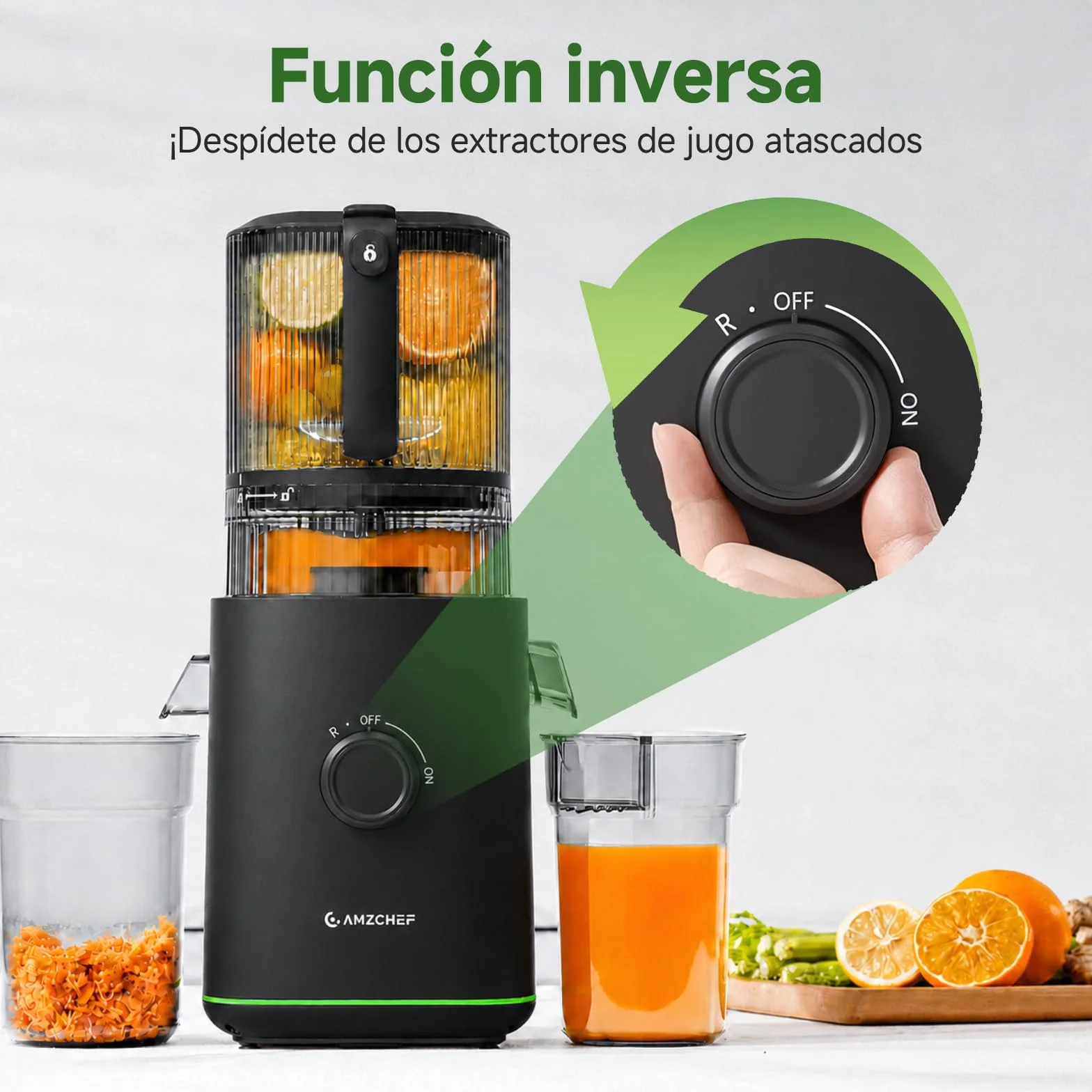 AMZCHEF Extractor de Zumos Prensado en Frío 600W, Licuadora con Boca XL 160 mm, Slow Juicer 2,5 L para Frutas y Verduras Enteras, 2 Filtros (Zumo, Leche Vegetal, Sorbete), Fácil de Limpiar, Negro Mate