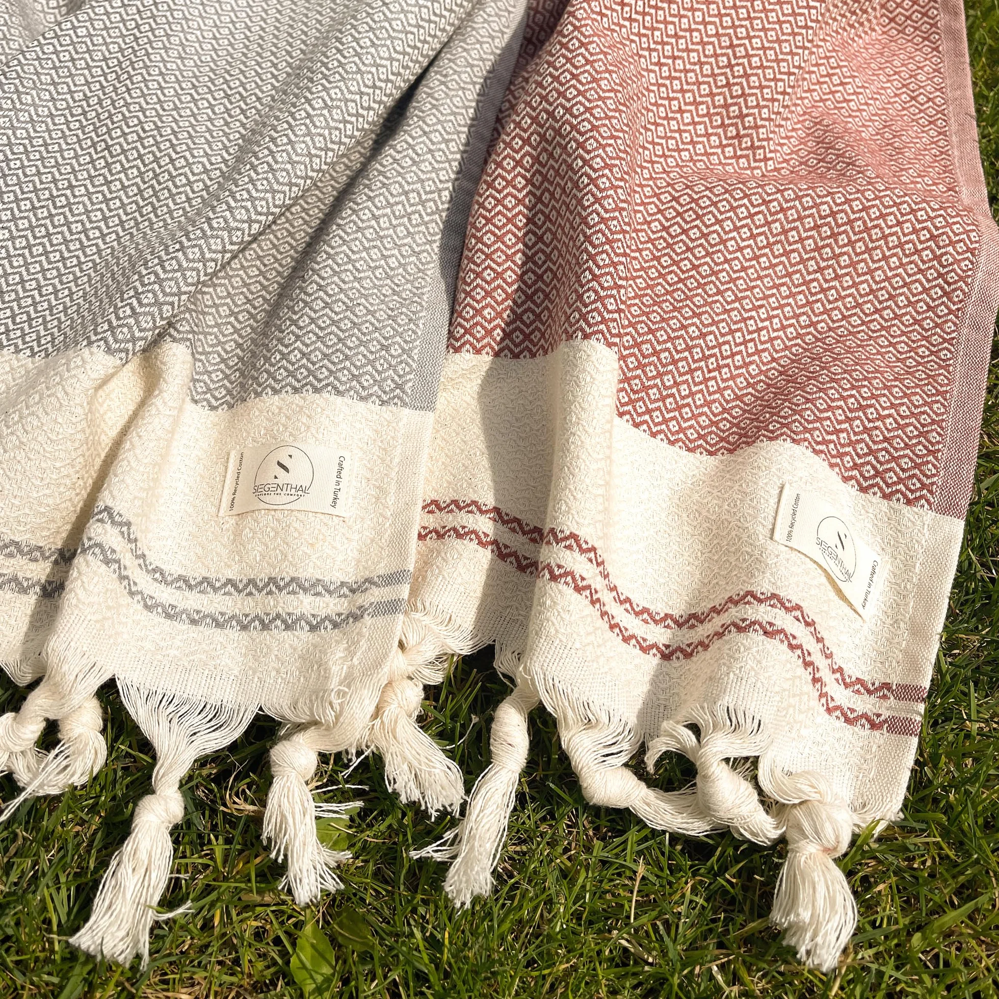 Juego de 2 toallas de hammam, toalla de playa y sauna ligera de algodón 100% reciclado, secado rápido, grande y suave, 90 cm x 200 cm, ideal para playa, sauna, yoga, pícnic, gris y rojo