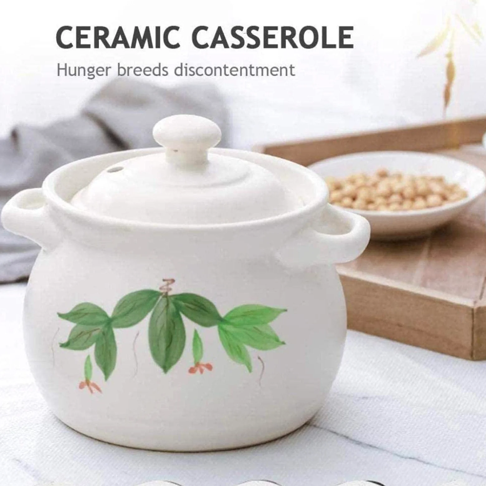 Cazuela de Barro/cazuela de Barro/sartén de Barro: cocción Resistente a Altas temperaturas, no Pierde Color, no envejece, Duradera y práctica, Capacidad de 1000 ml,White-Capacity 1000ml
