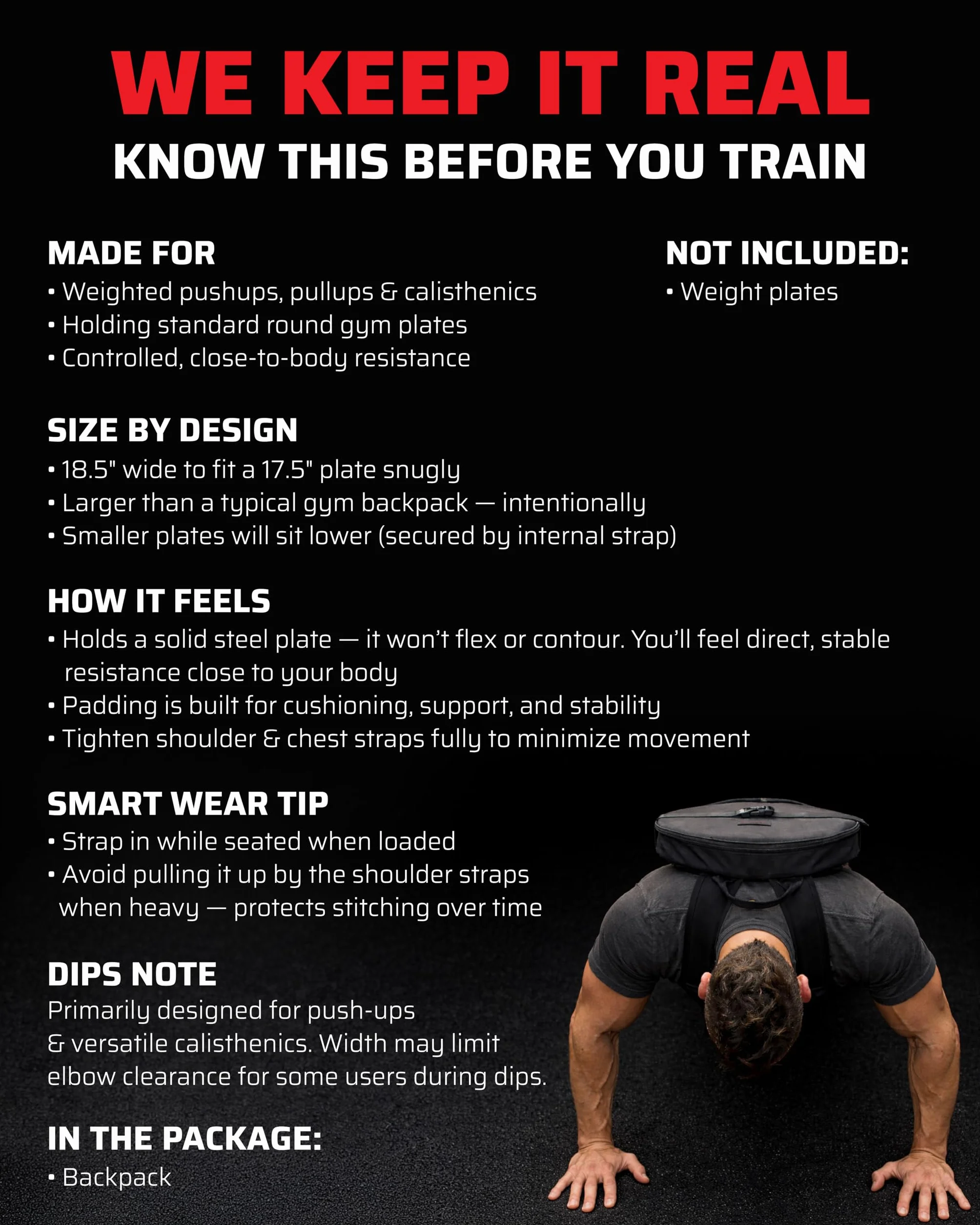 THEFITGUY Mochila pesada para pesas de gimnasio, para flexiones, elevaciones de pantorrillas, sentadillas, uso en la espalda o en la parte delantera, se adapta a placas de hasta 17.5 pulgadas de