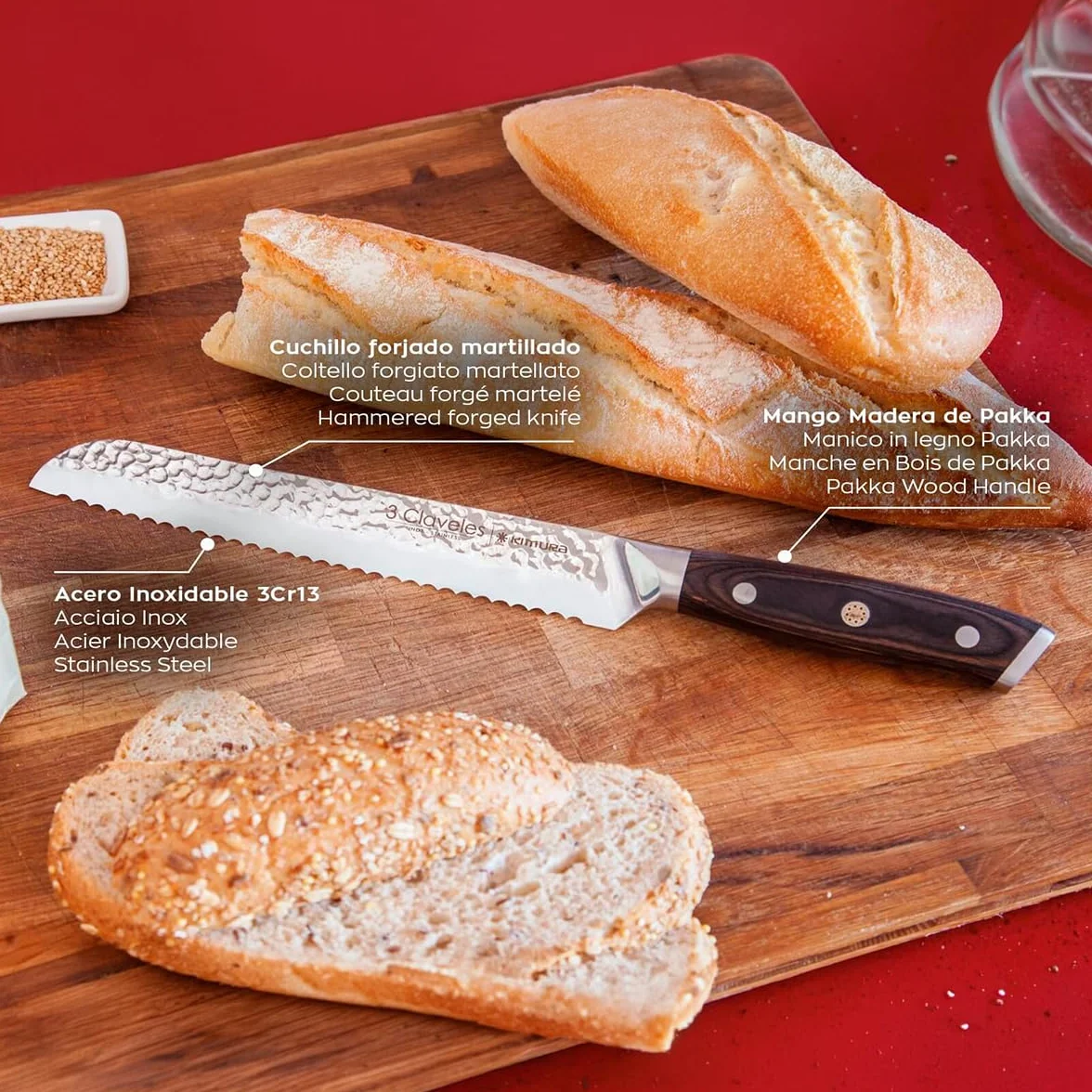 Cuchillo Panero Profesional 19cm 3 Claveles - Sierra grande Duradera para cortar para Pan, Corte Limpio en cocina, Mango Madera Pakka, Resistente"