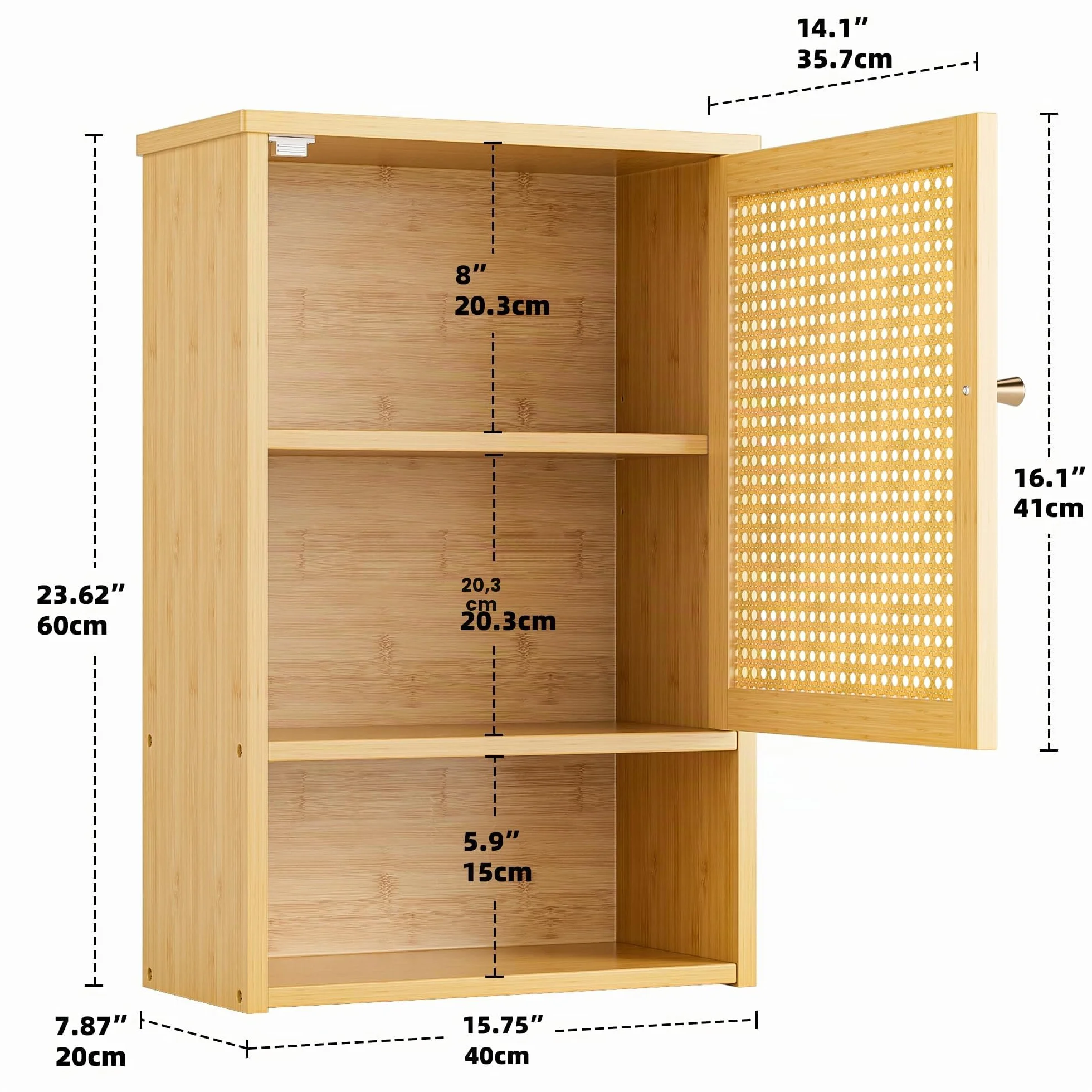 Armario de Pared para Baño, Organizador de Bambú para Almacenaje sobre el Inodoro con Puertas de Ratán y Estante Ajustable, Botiquín Ahorrador de Espacio para Lavandería, Cocina (Natural)