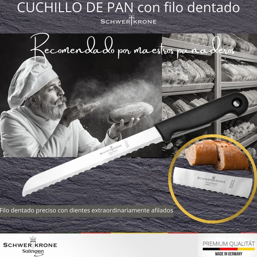 Schwertkrone Solingen - Cuchillo de pan con filo ondulado (acero inoxidable, hoja de 19 cm, apto para lavavajillas, fabricado en Alemania)