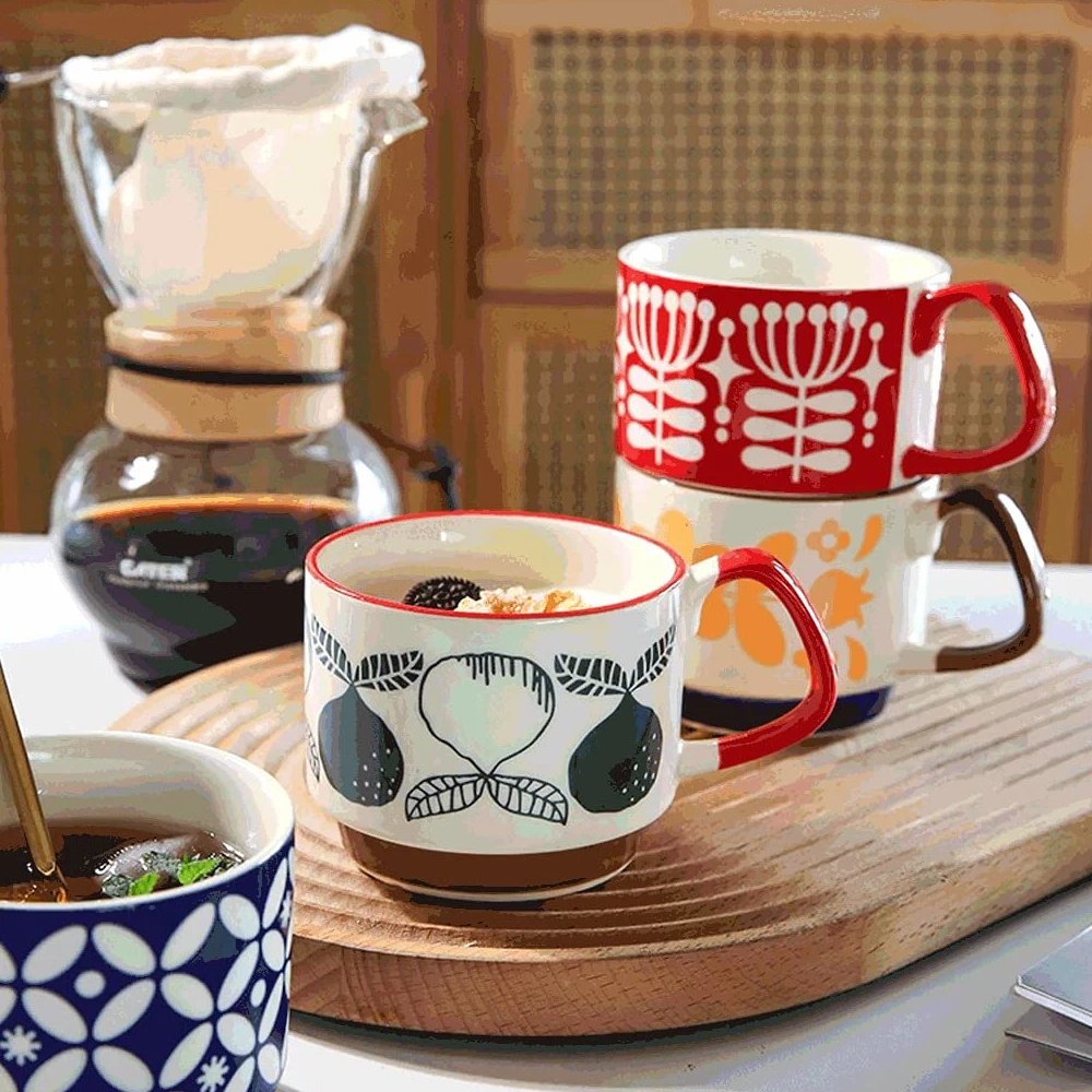Generic Tazas de Café Tazas de Café de Cerámica Tazas de Café Clásicas Tazas de Café Pintadas a Mano, con Mango, Se Pueden Calentar por Microondas, para Bebidas Frías/Calientes/Blanco/300 Ml
