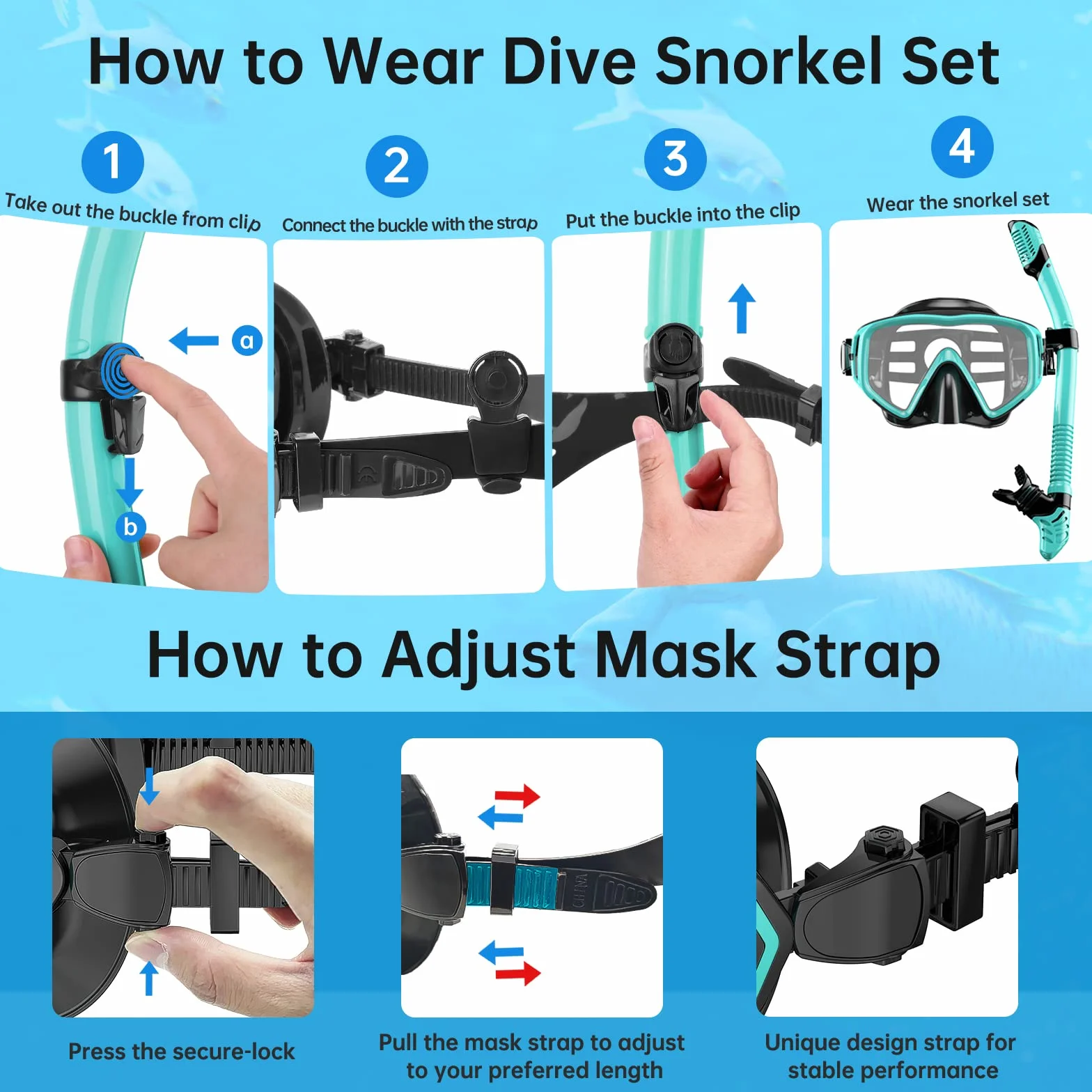 Gafas de Buceo y Tubo de Snorkel Set para Adulto, Panorámico 180° Cristal Templado Dry Top, Equipo Profesional