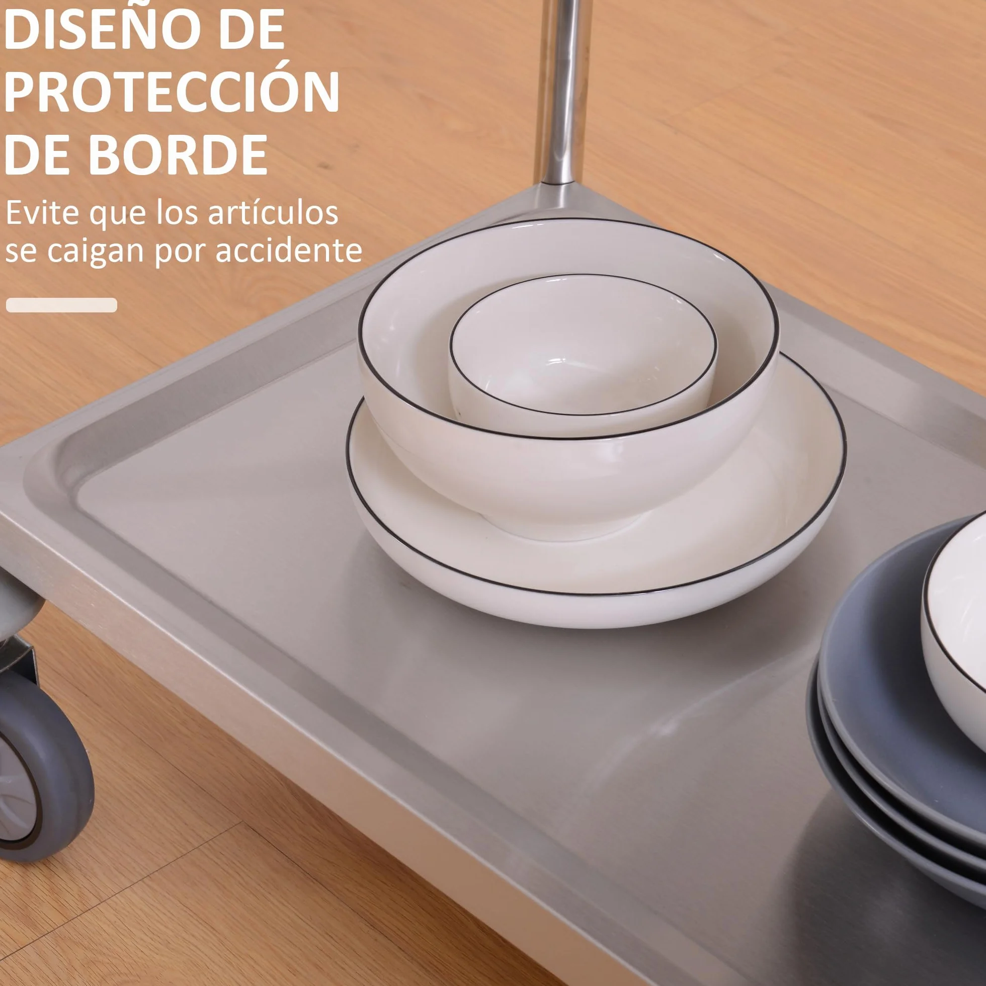 HOMCOM Carrito Auxiliar con Ruedas de Acero Inoxidable 80x45x82 cm Carrito de Cocina con Bandejas y 2 Brazos Carga 100 kg para Comedor Hotel Salón de Belleza Plata