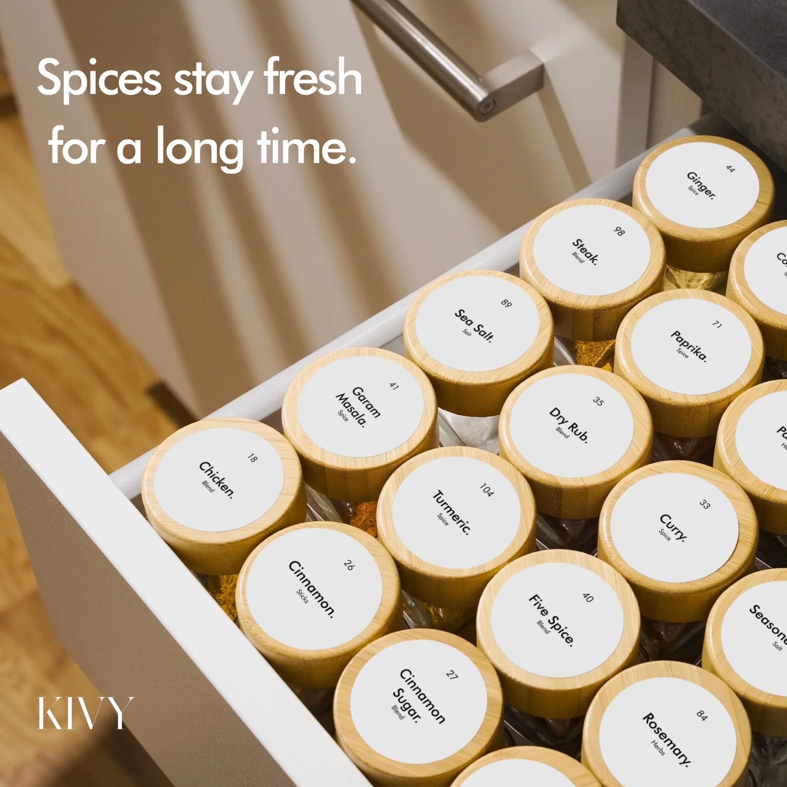 KIVY - Tarros herméticos cuadrados para especias (24 x 120 ml) con tapa de bambú negro (24 x 120 ml) + 240 etiquetas impermeables