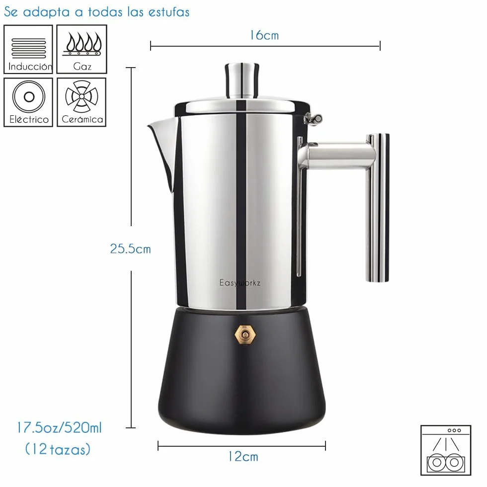 Easyworkz Diego Cafetera Italiana de Acero Inoxidable para Cocina de inducción,520 ml, 10-12 Tazas,Negro
