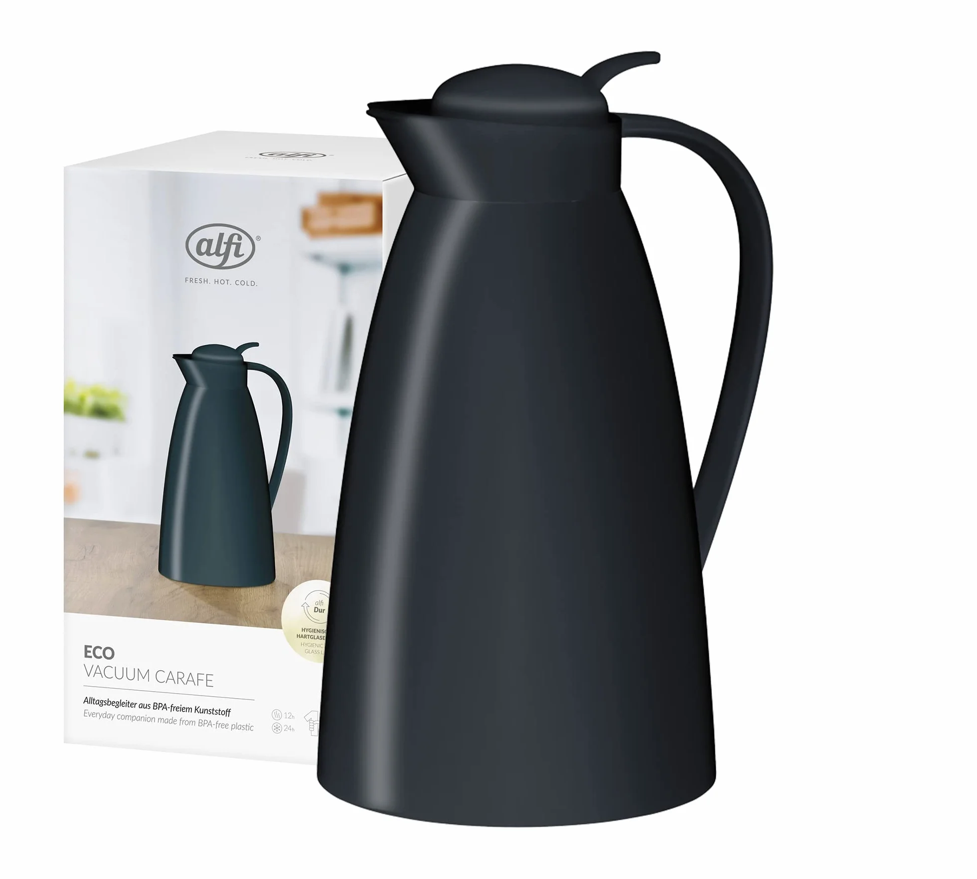 alfi Eco 1,0 l, Jarra isotérmica con inserción higiénica de Vidrio Duro de plástico, tapón de Rosca con cómodo pulsador, vertido con una Mano, Ideal como Jarra de café, Jarra de té, sin BPA