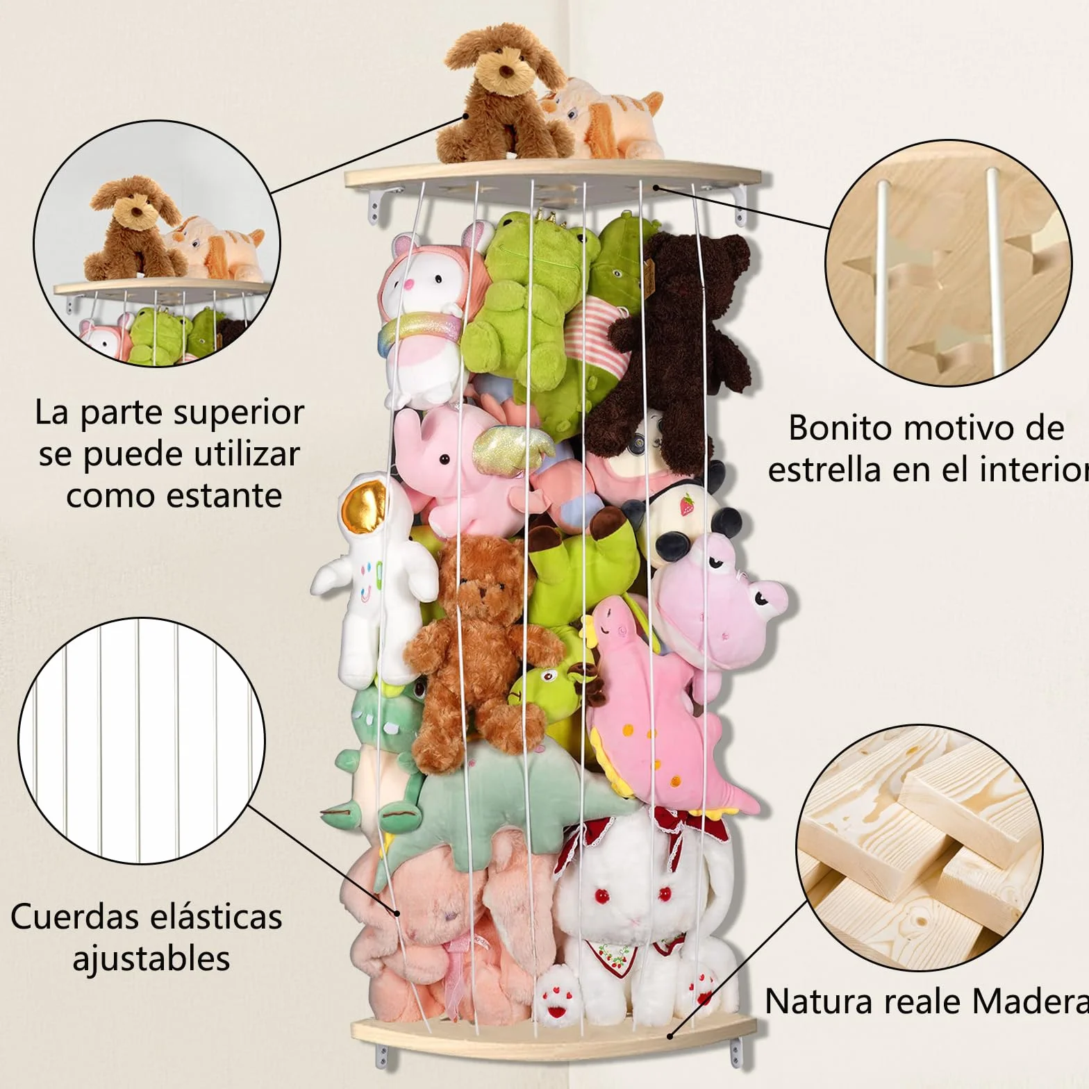 Almacenamiento de animales de peluche, estante de madera para dormitorio infantil