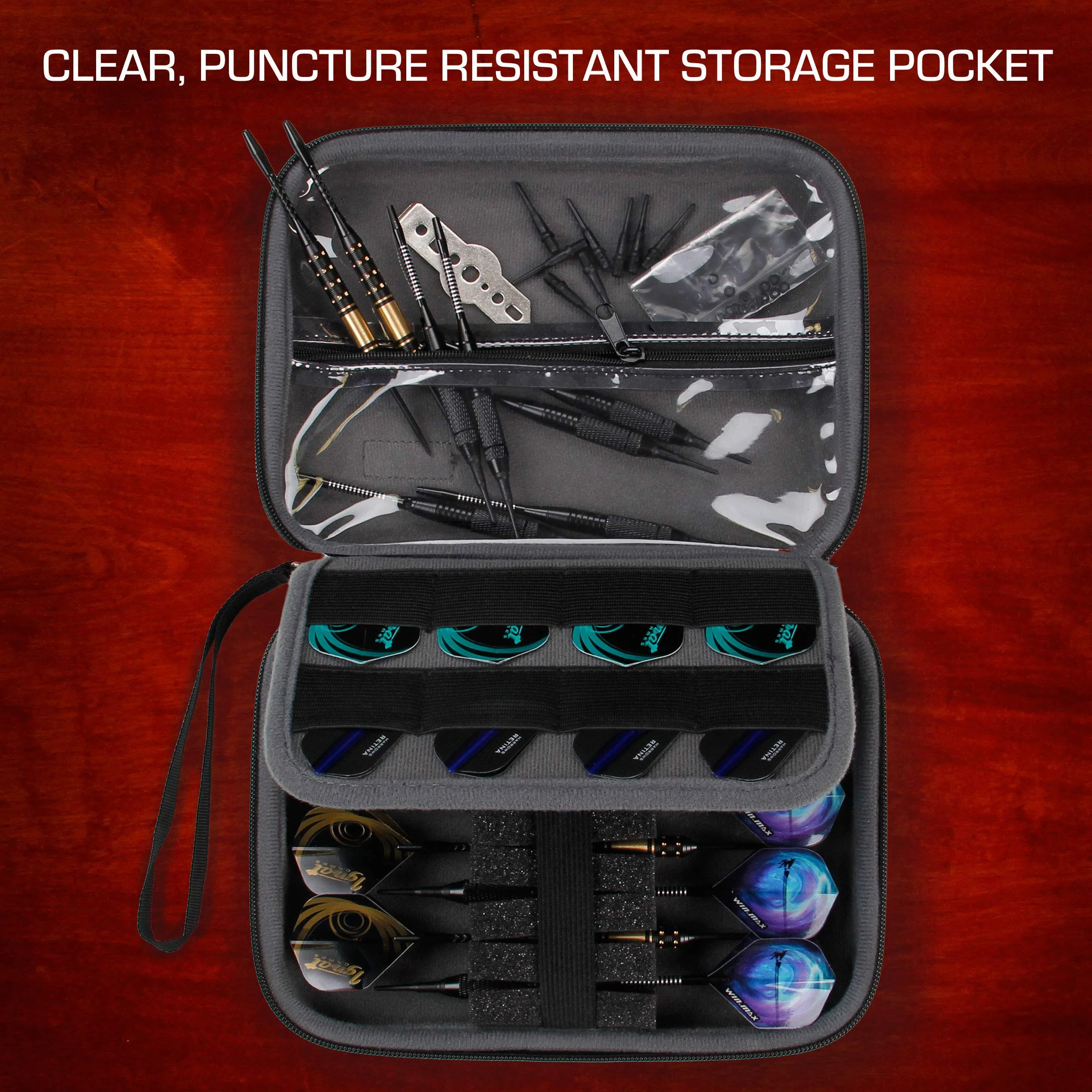 USA Gear - Funda rígida para Dardos (8 Dardos y Accesorios, Puntas, Ejes y Volantes, Compatible con Dardos de Punta Blanda y Punta de Acero, Color Negro