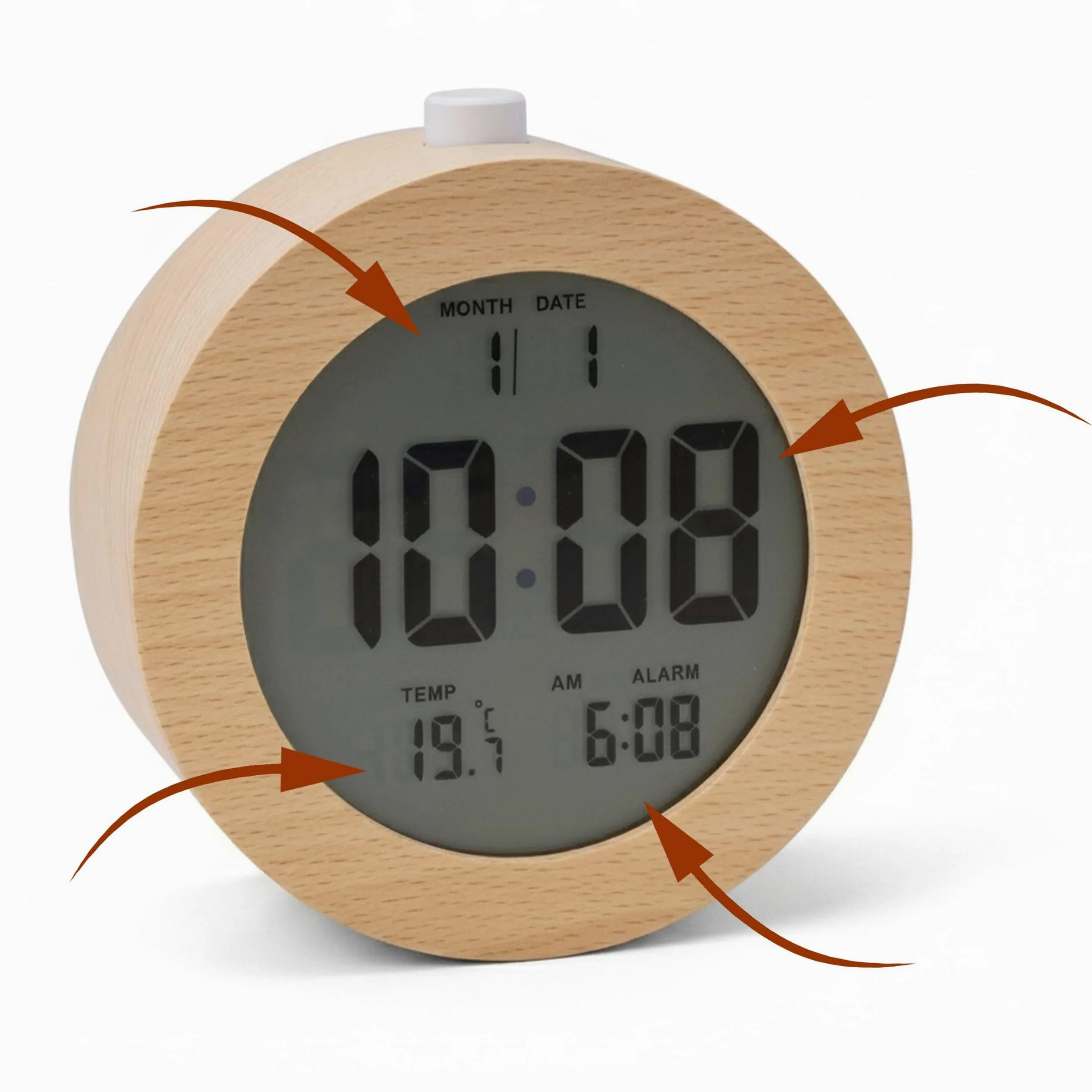 Relaxdays Despertador Digital de Madera con indicador de Fecha y Temperatura, función de repetición, luz, Reloj Despertador Digital Redondo, Color Natural