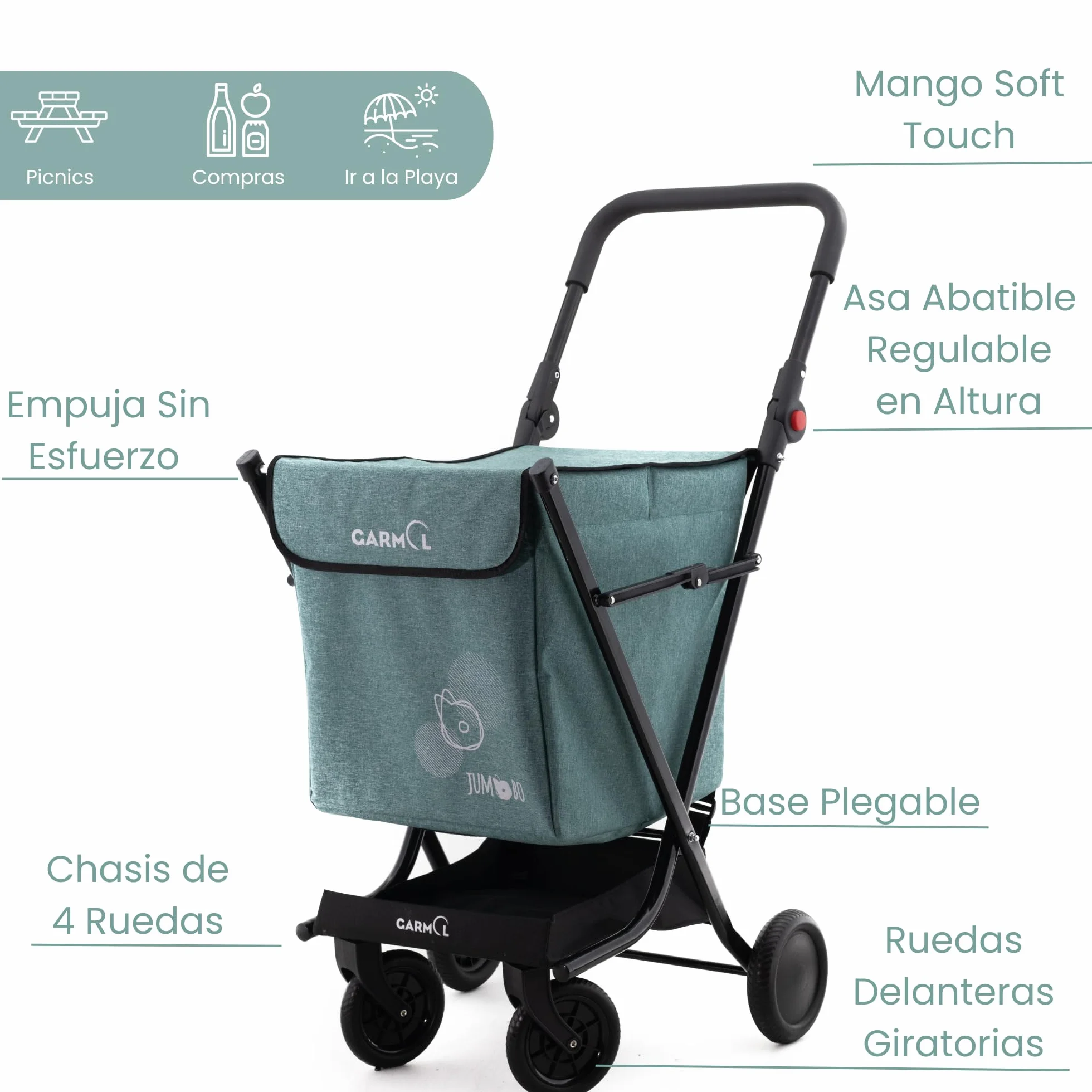 GARMOL Carro de la Compra Plegable 66 litros | Carro de la Compra 4 Ruedas Gran Capacidad | Carrito Compra 4 Ruedas Plegable Color Verde