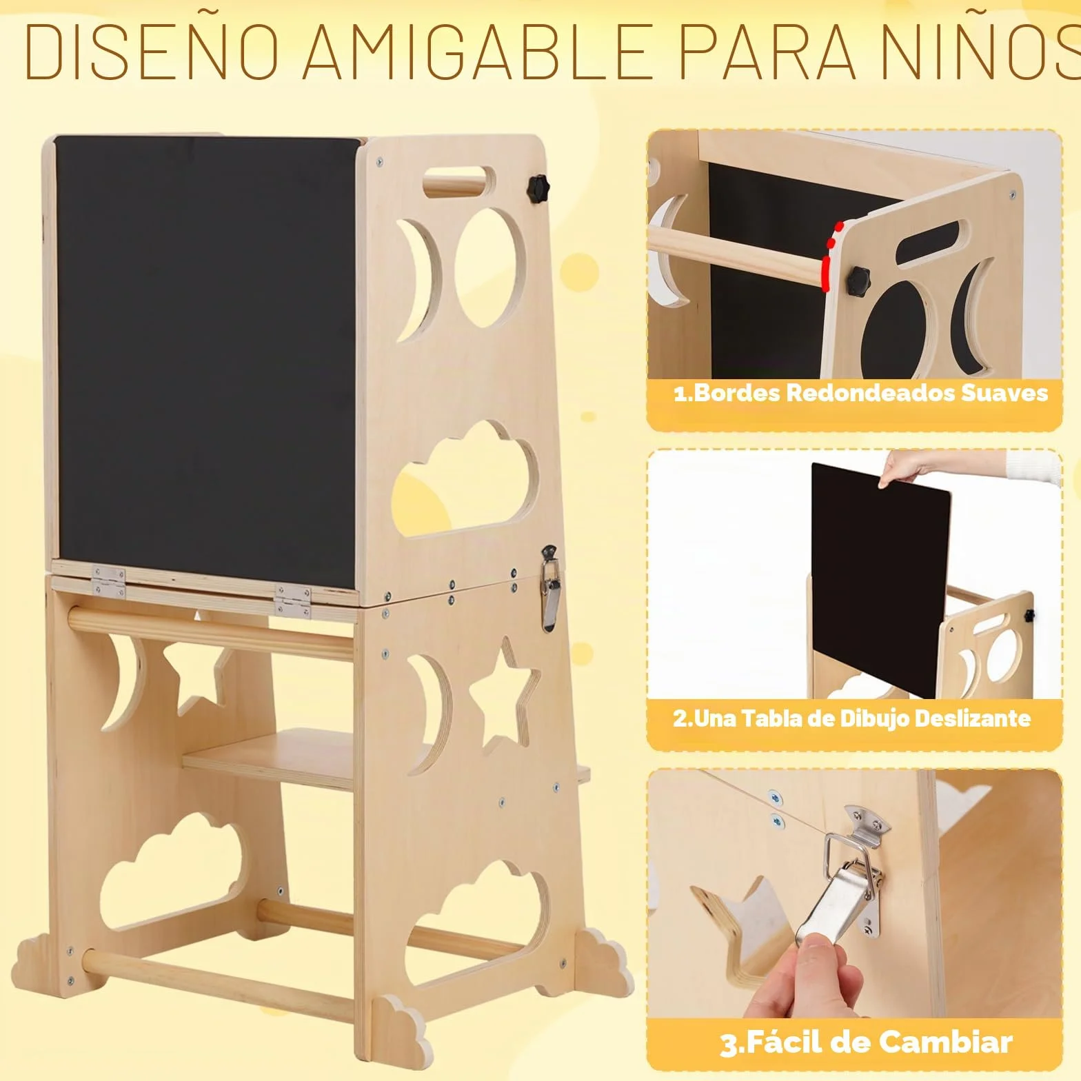 Torre de Aprendizaje Montessori, Torre de Aprendizaje 3 en 1, Taburete Plegable con Pizarra, para Niños de Madera, Taburete de Cocina Auxiliar para Niños, Adecuado para Mesa de Cocina y Baño