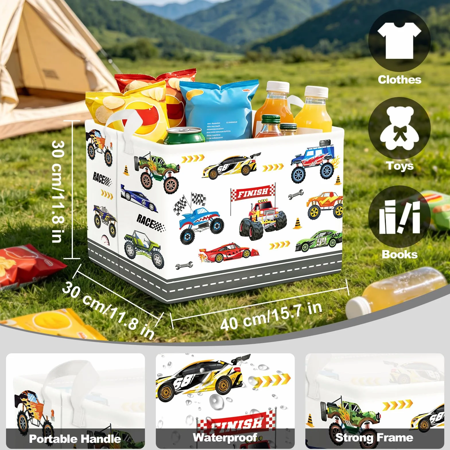 Clastyle Cestos Almacenaje Infantil Coche Cesta Ropa Sucia Plegable para Habitación Infantil Dormitorio Cajas de Almacenaje Juguetes para Chico, Camión Monstruo, 40x30x30 cm
